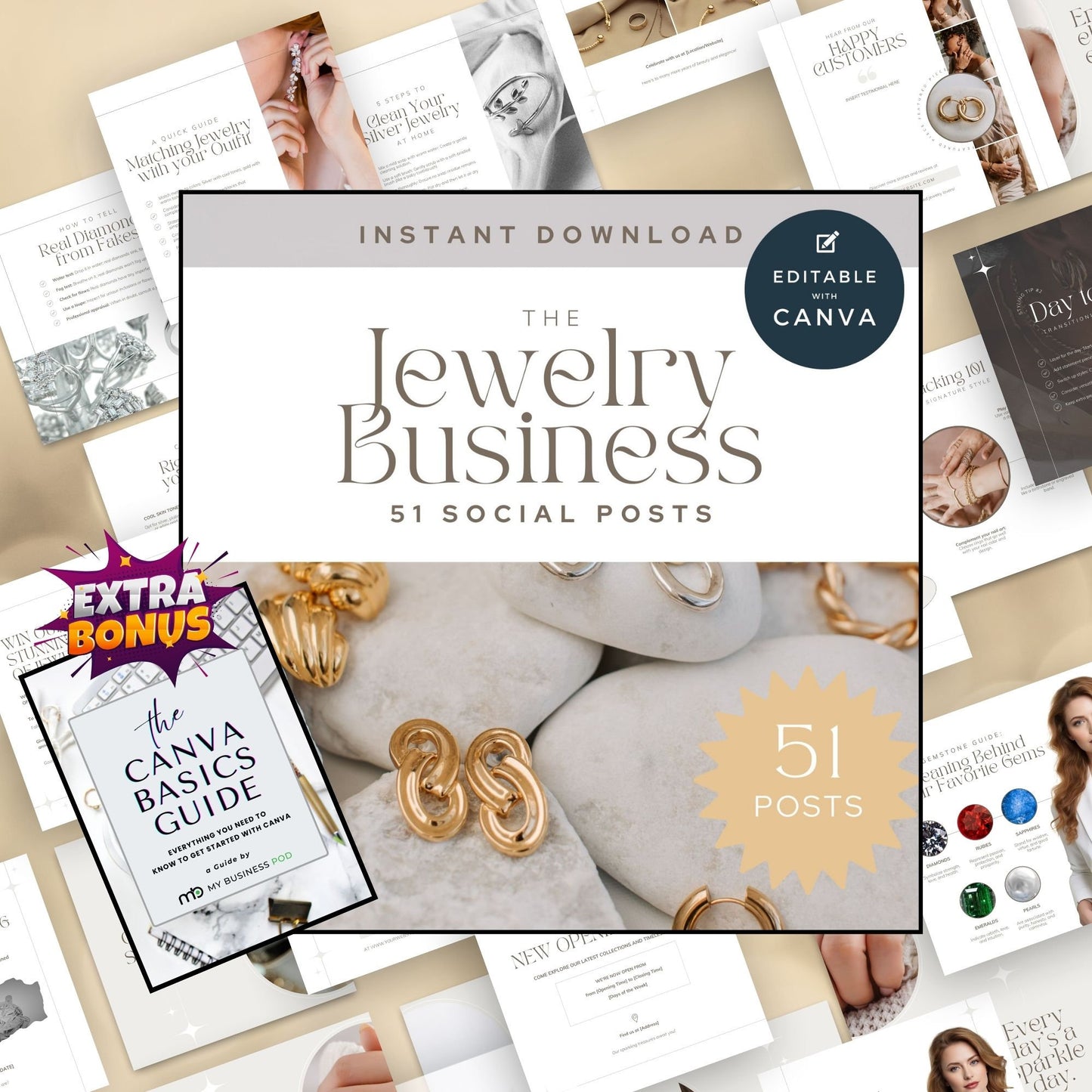 Social Media Templates for Jewelry Business, Social Media Templates for Jewellery Business, Jewelry Themed Canva Templates, Canva Templates
