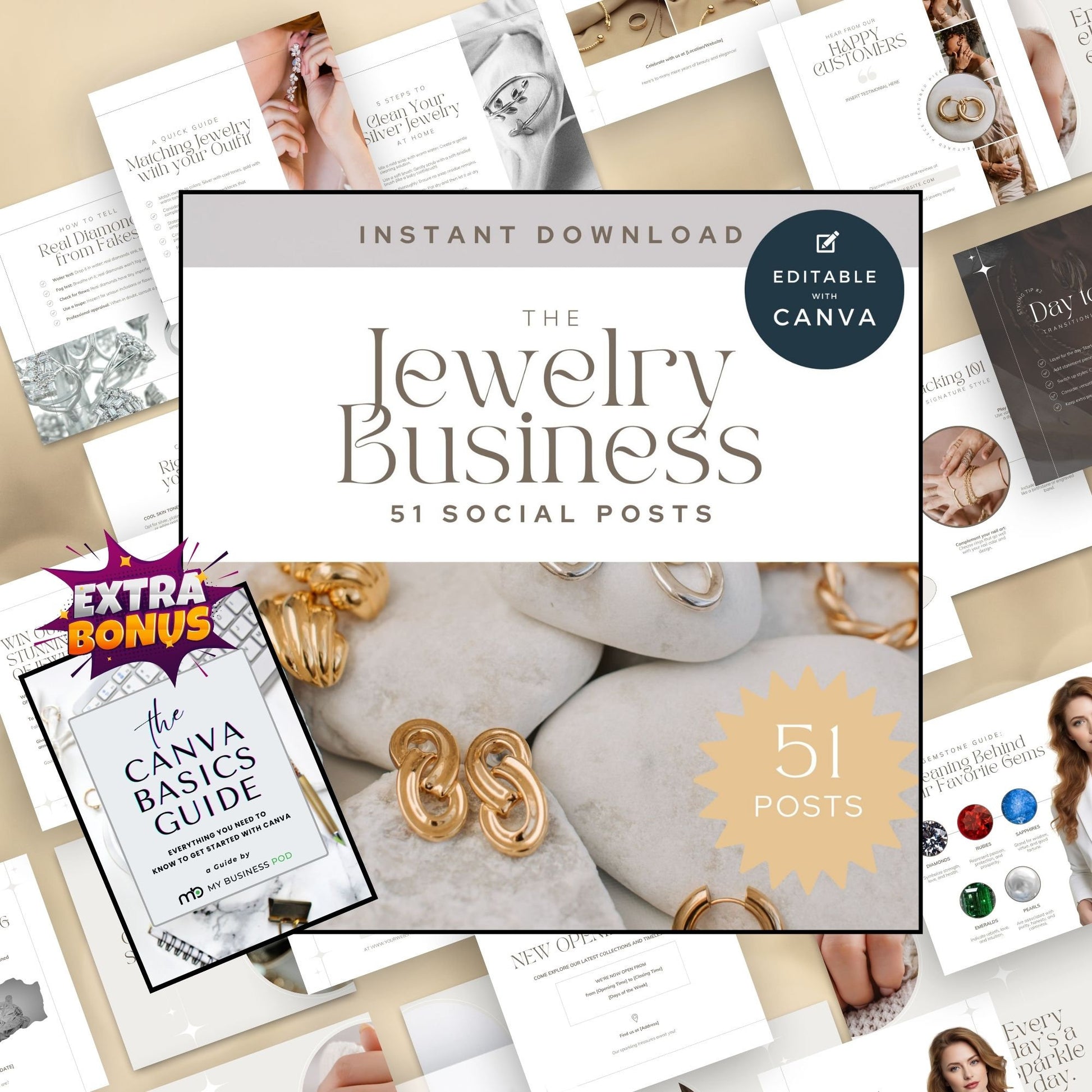 Social Media Templates for Jewelry Business, Social Media Templates for Jewellery Business, Jewelry Themed Canva Templates, Canva Templates