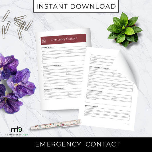Emergency Contacts Form, Medical information sheet, Next of Kin, Emergency phone numbers, Healthcare contact, Family contact list, Personal