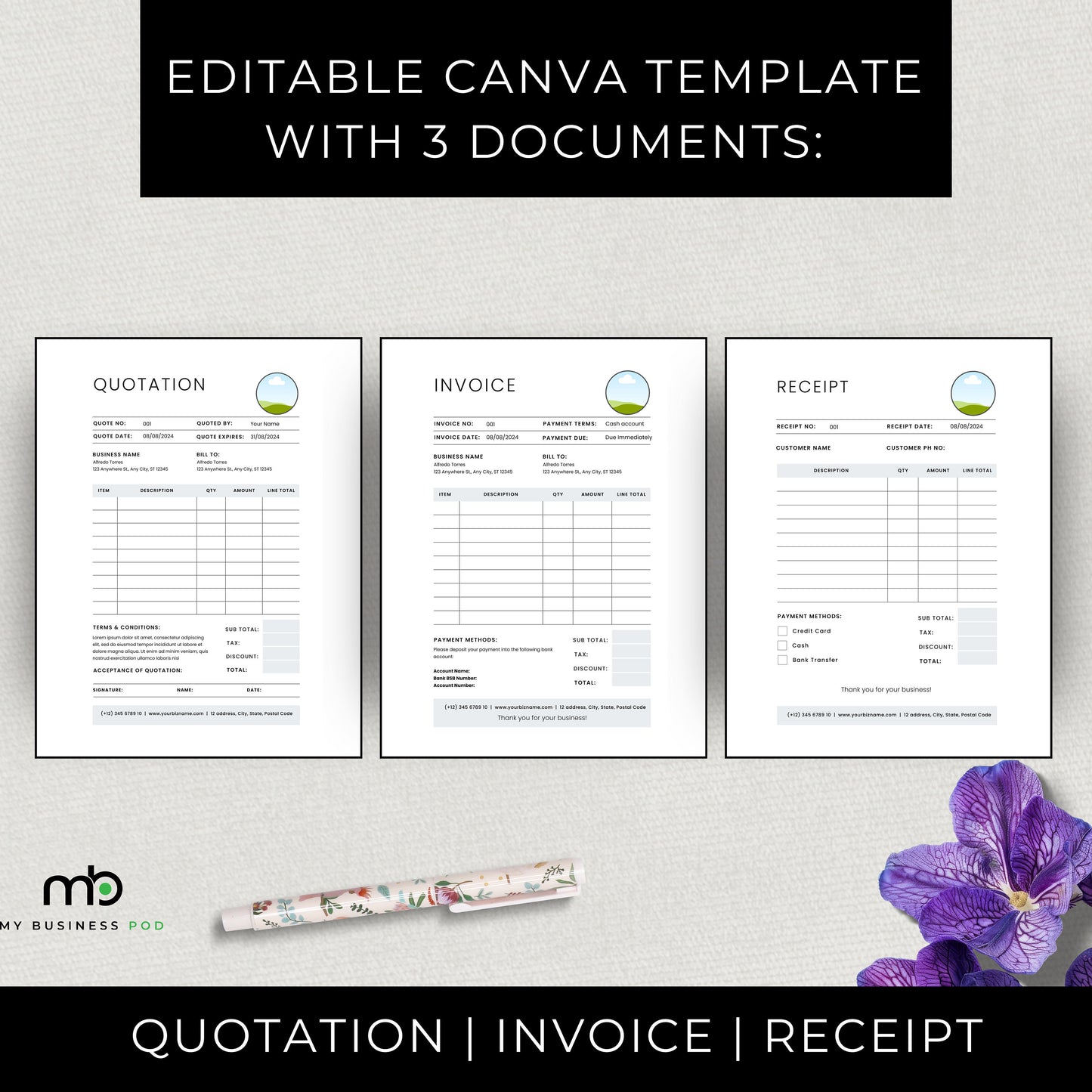 Editable business forms, Quotation invoice receipt, Small business paperwork, Customizable documents, Brandable, Business templates, DIY