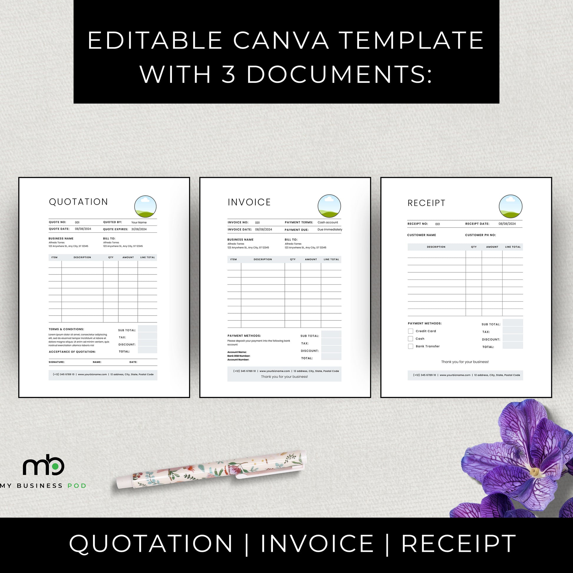 Editable business forms, Quotation invoice receipt, Small business paperwork, Customizable documents, Brandable, Business templates, DIY