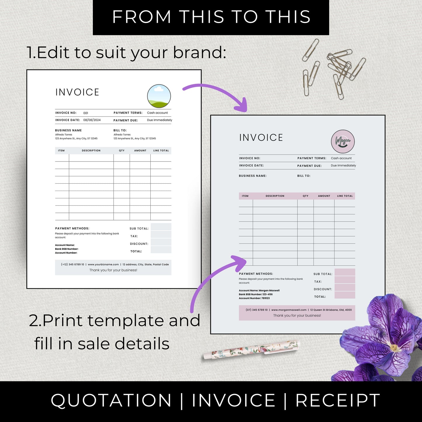 Editable business forms, Quotation invoice receipt, Small business paperwork, Customizable documents, Brandable, Business templates, DIY