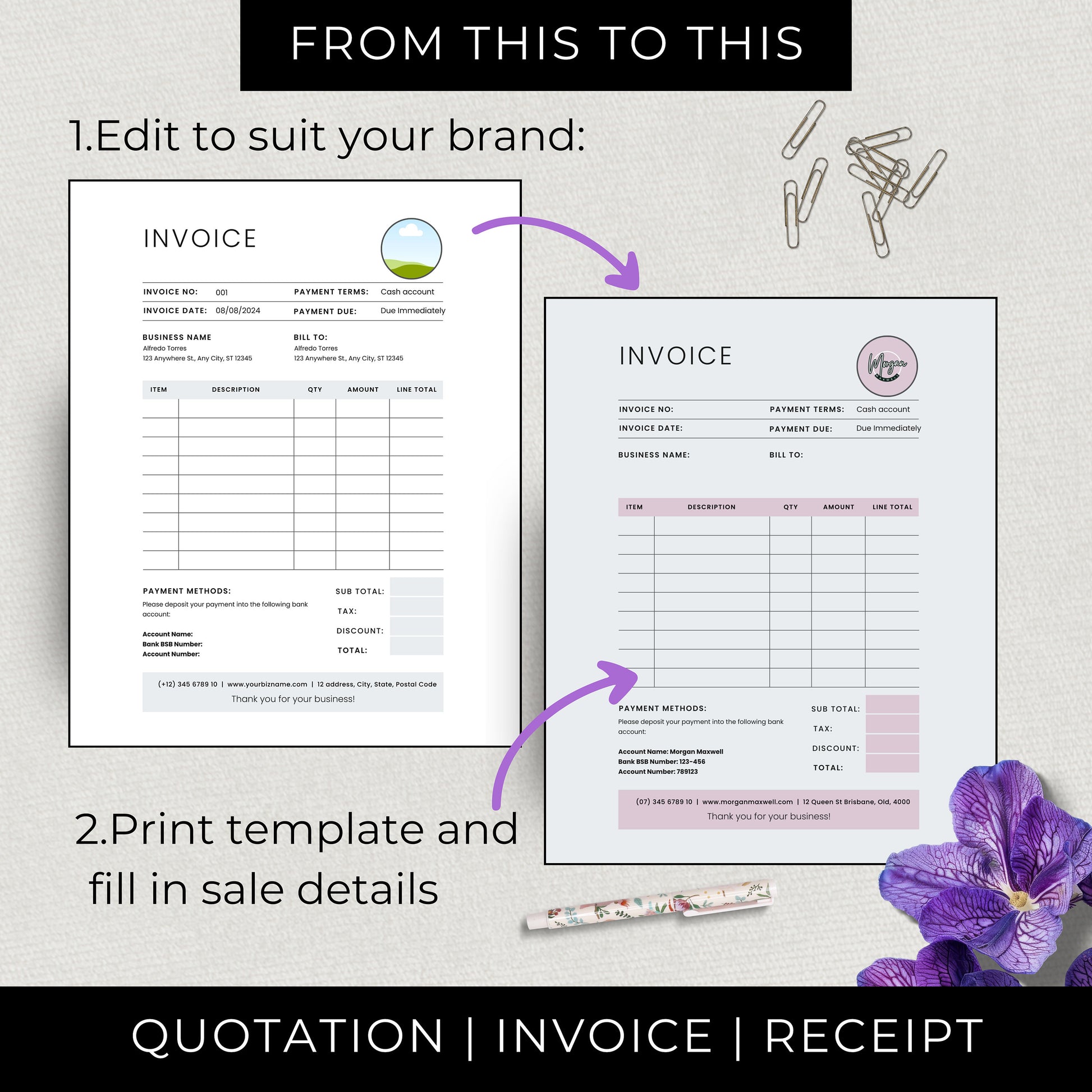 Editable business forms, Quotation invoice receipt, Small business paperwork, Customizable documents, Brandable, Business templates, DIY