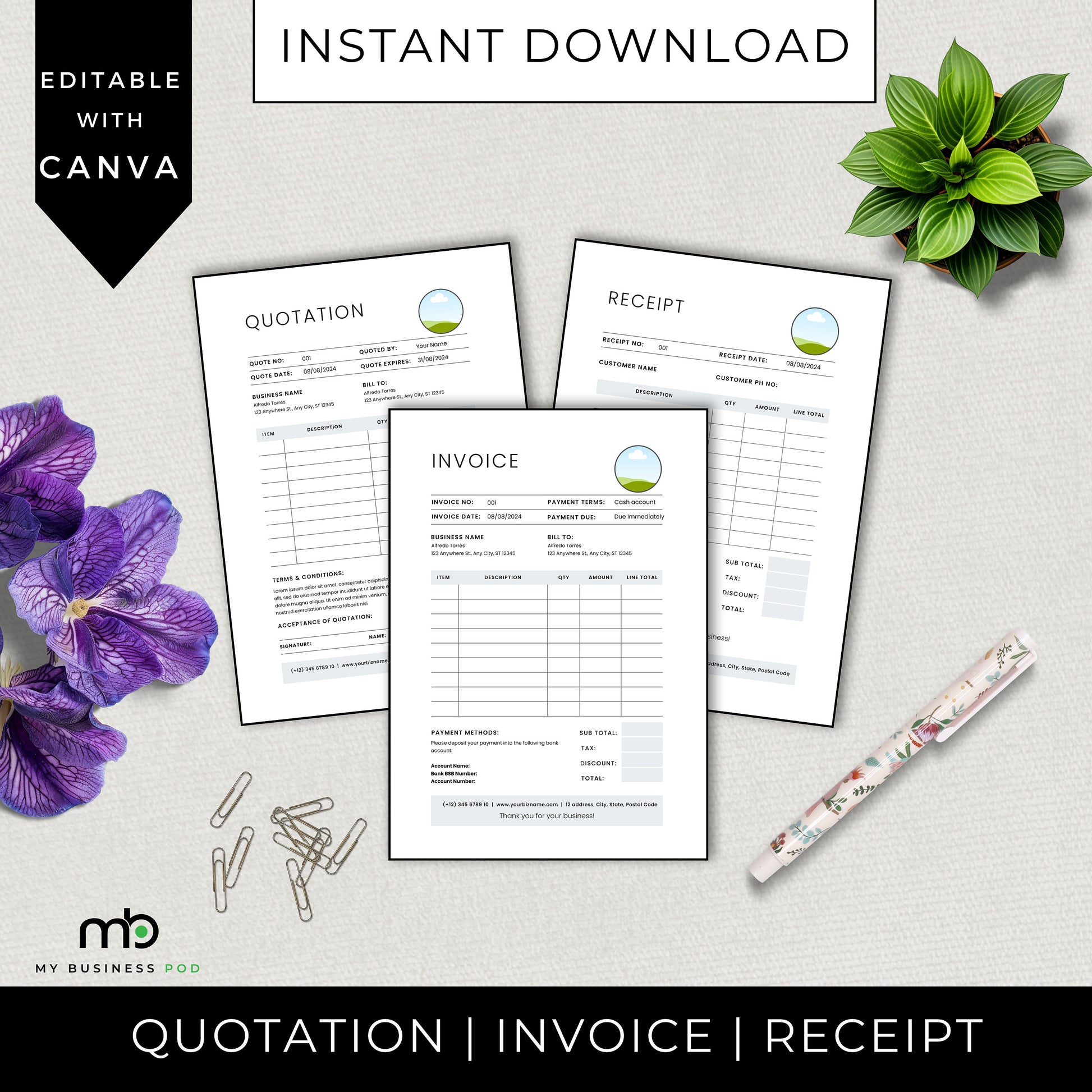 Editable business forms, Quotation invoice receipt, Small business paperwork, Customizable documents, Brandable, Business templates, DIY
