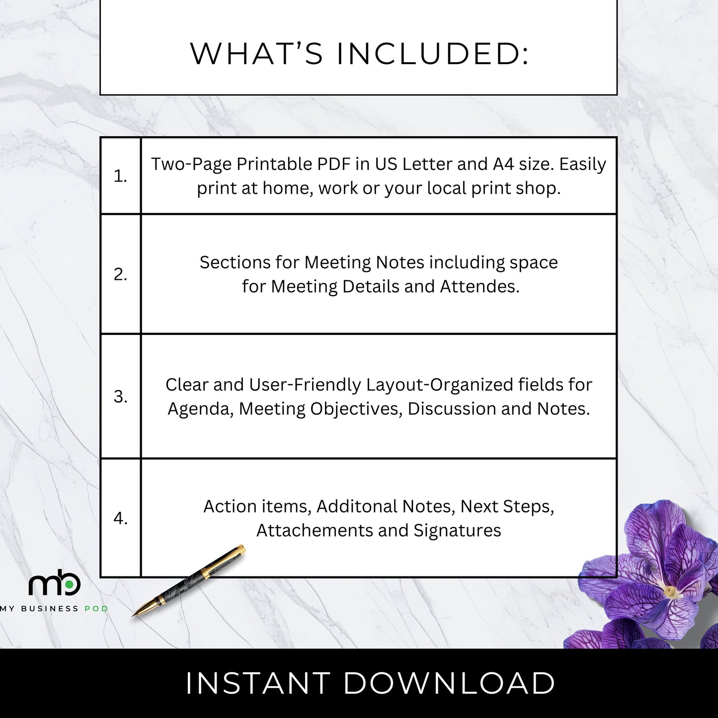 Meeting Notes, Meetings Record, Form, Sheet, Agenda, Actionable tasks, Discussion Points, Attendees, Next Steps, Business Forms Printable