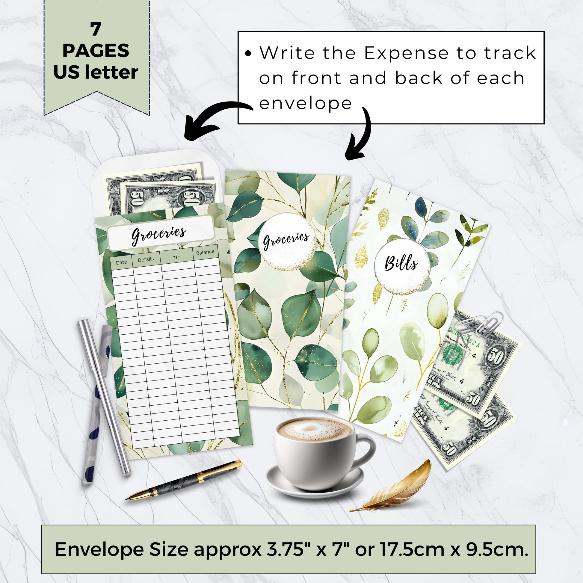 Cash Envelopes Eucalyptus Leaf, Budgeting, Money, Saving, Printable PDF, Tracker, Tracking, Expense, Organizer, Finance, tools, management