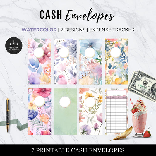 Floral Watercolor Cash Envelopes, Budgeting, Money, Saving, Printable PDF, Tracker, Tracking, Expense, Organizer, Finance, vertical, tools