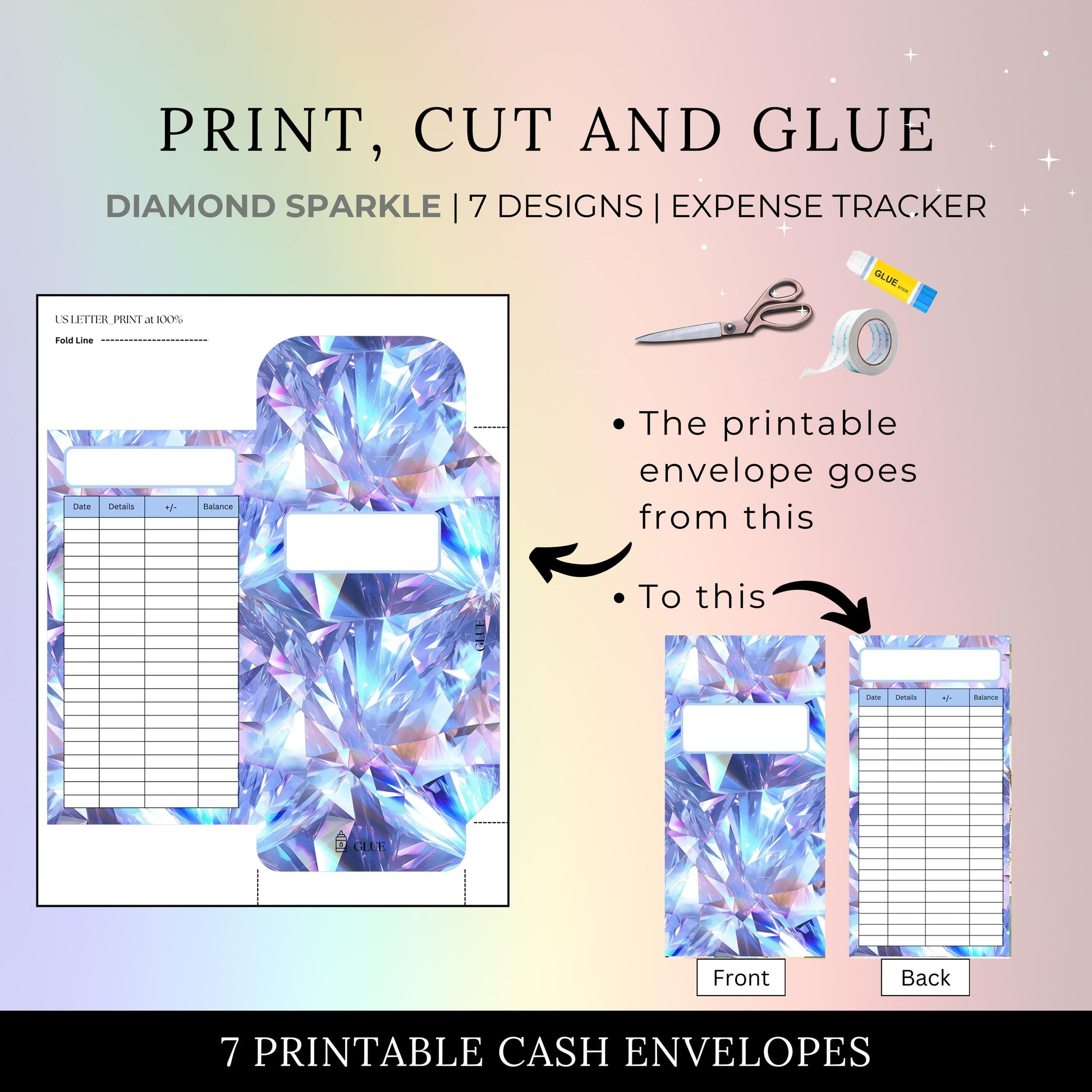 Cash Envelopes Diamond Sparkle design, Budgeting, Money, Saving, Printable PDF, Tracker, Tracking, Expense, Organizer, Finance, tools, DIY