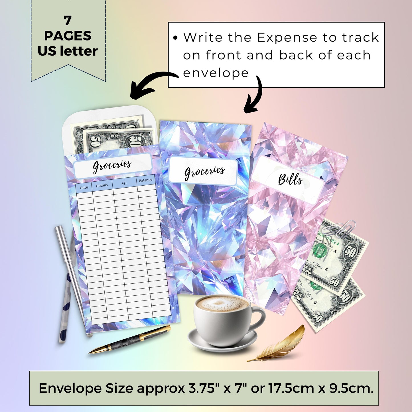 Cash Envelopes Diamond Sparkle design, Budgeting, Money, Saving, Printable PDF, Tracker, Tracking, Expense, Organizer, Finance, tools, DIY