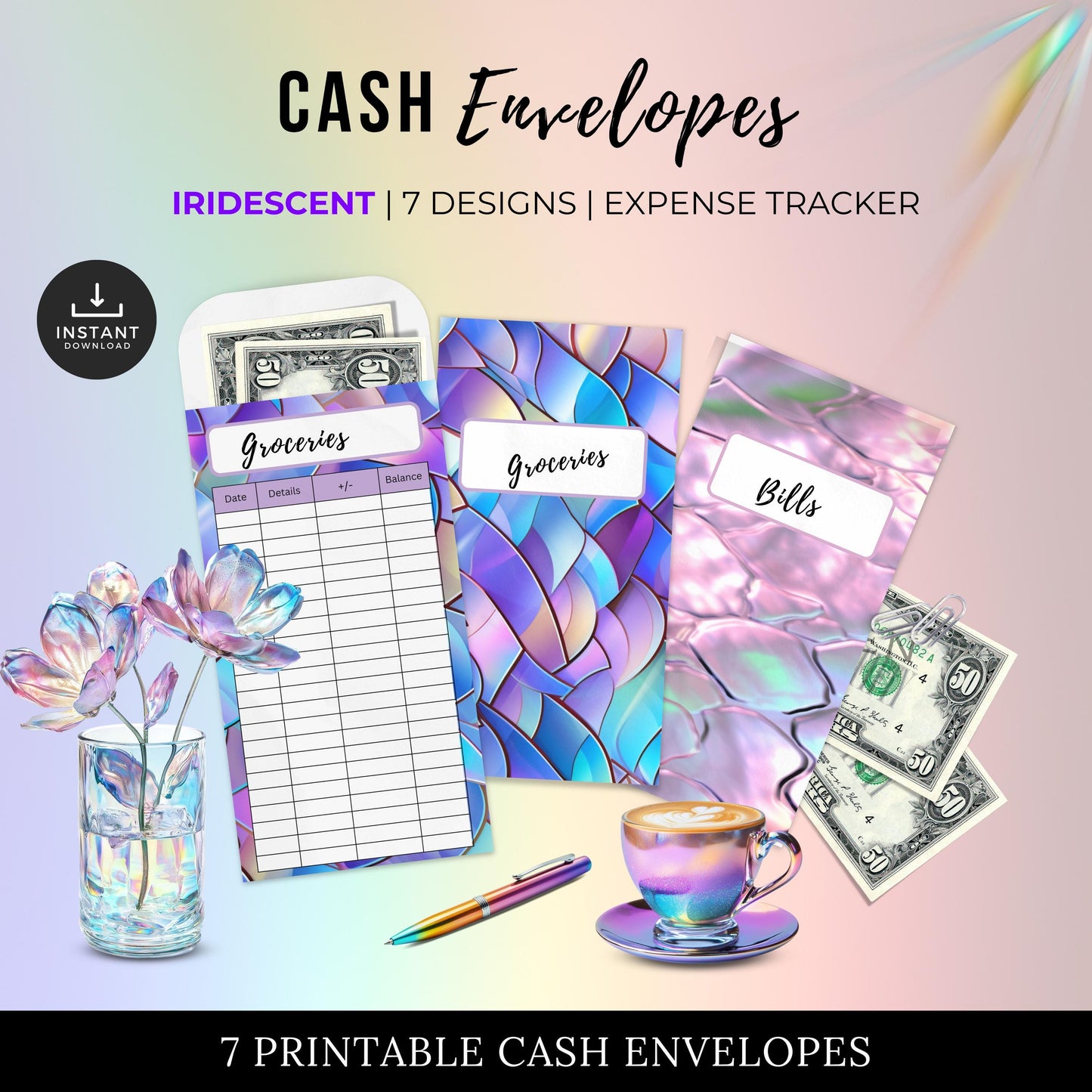 Iridescent Cash Envelopes, Budgeting, Money, Saving, Printable PDF, Tracker, Tracking, Expense, Organizer, Finance, tools, management, DIY
