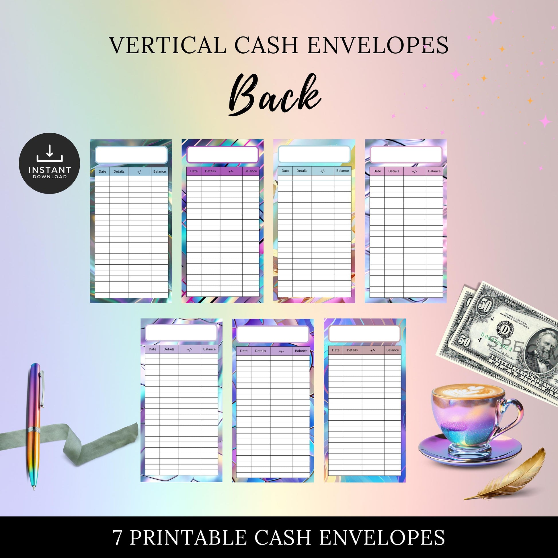 Iridescent Cash Envelopes, Budgeting, Money, Saving, Printable PDF, Tracker, Tracking, Expense, Organizer, Finance, tools, management, DIY