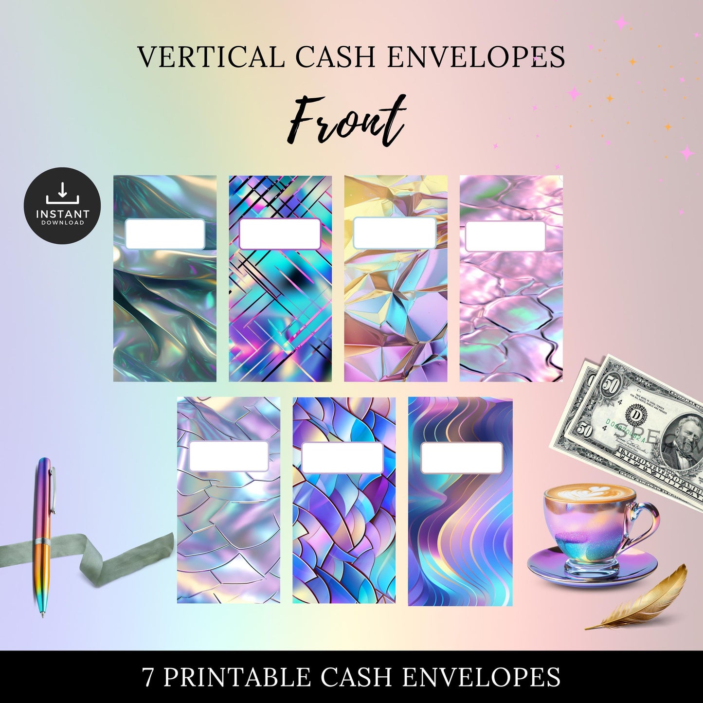Iridescent Cash Envelopes, Budgeting, Money, Saving, Printable PDF, Tracker, Tracking, Expense, Organizer, Finance, tools, management, DIY
