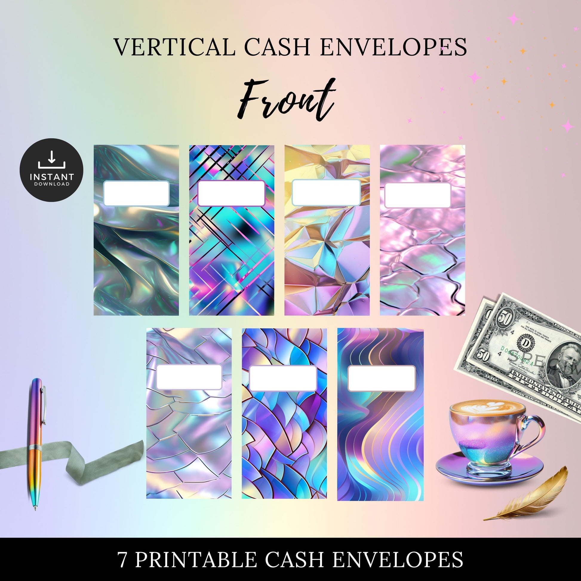 Iridescent Cash Envelopes, Budgeting, Money, Saving, Printable PDF, Tracker, Tracking, Expense, Organizer, Finance, tools, management, DIY