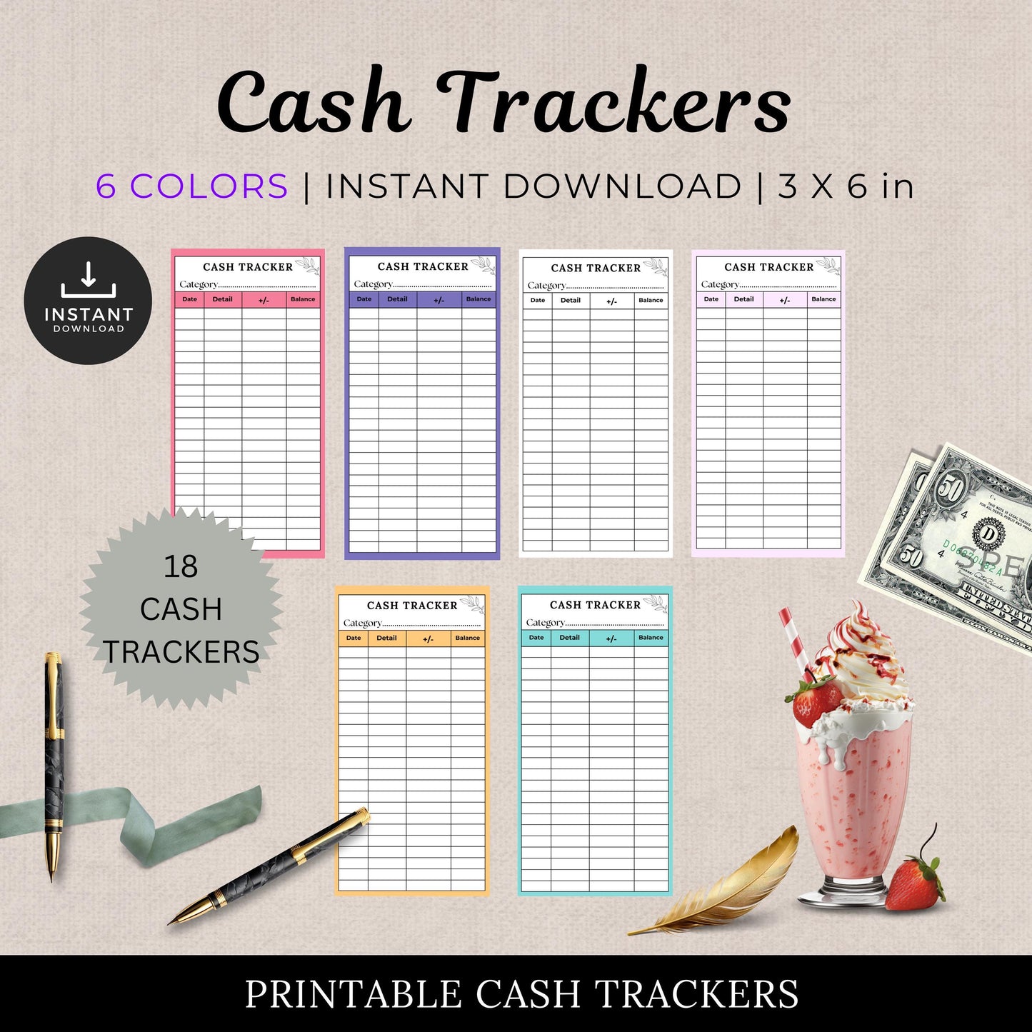 Cash Tracker, Budgeting, Money, Saving, Printable PDF, Colored Trackers, Tracking, Expense, Organizer, Finance, tools, management, DIY, Log