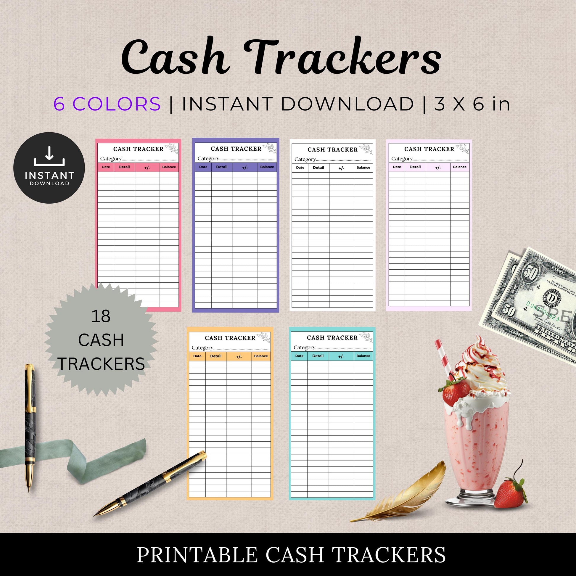 Cash Tracker, Budgeting, Money, Saving, Printable PDF, Colored Trackers, Tracking, Expense, Organizer, Finance, tools, management, DIY, Log