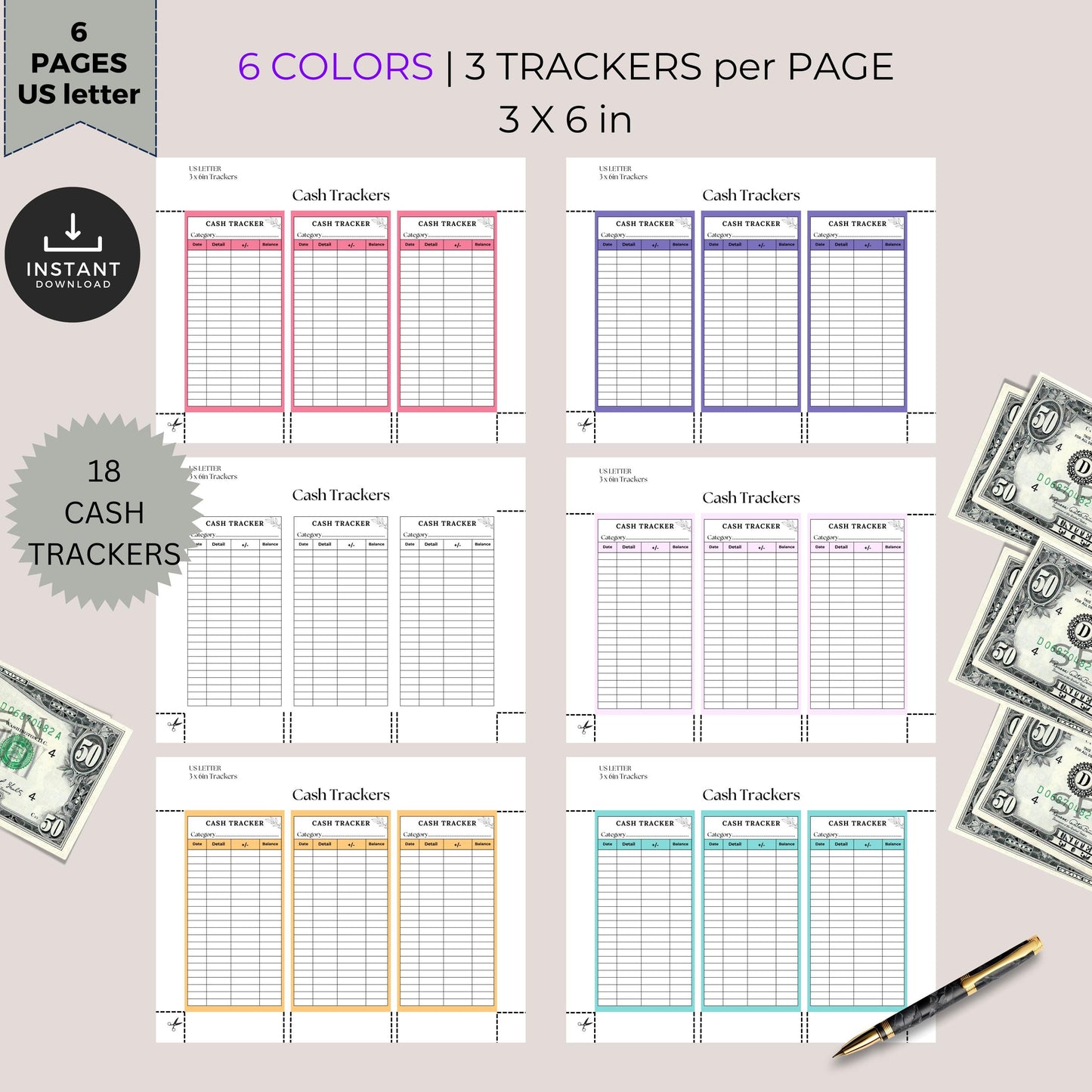 Cash Tracker, Budgeting, Money, Saving, Printable PDF, Colored Trackers, Tracking, Expense, Organizer, Finance, tools, management, DIY, Log