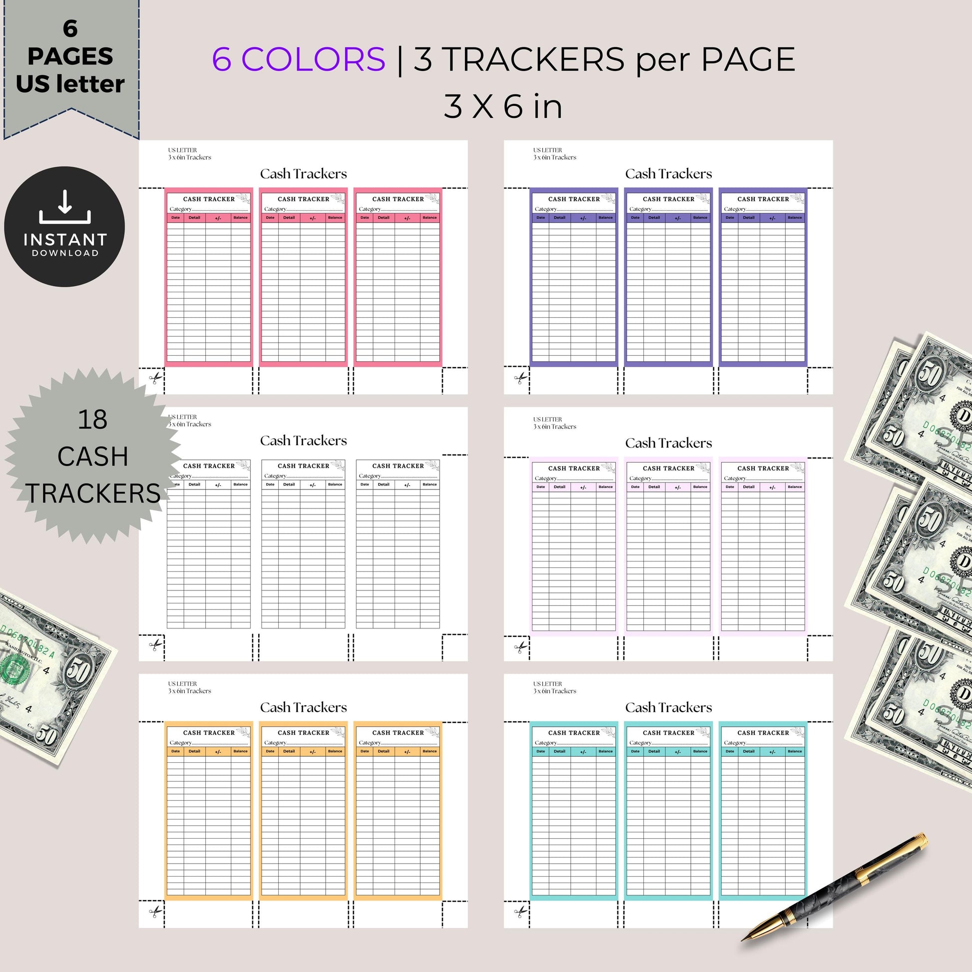 Cash Tracker, Budgeting, Money, Saving, Printable PDF, Colored Trackers, Tracking, Expense, Organizer, Finance, tools, management, DIY, Log