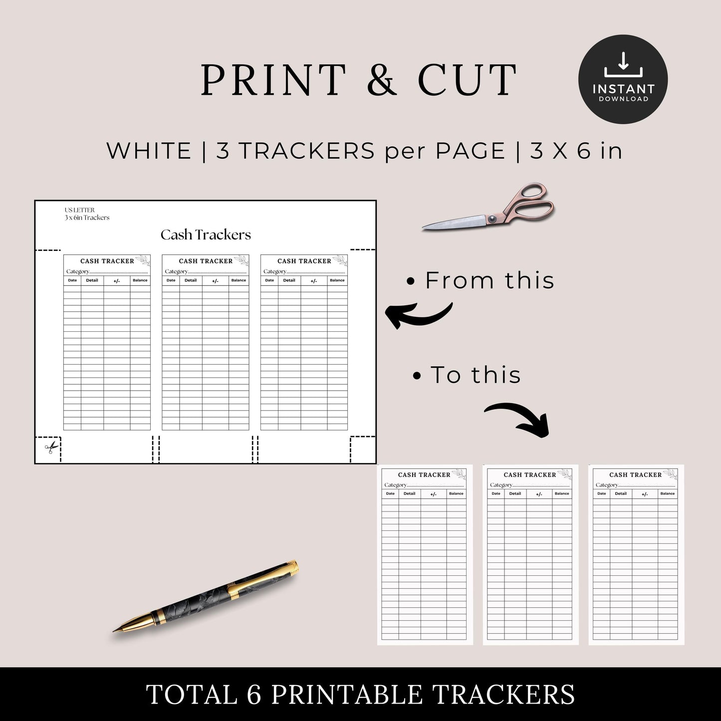 Cash Tracker, Budgeting, Money, Saving, Printable PDF, White Trackers, Tracking, Expense, Organizer, Finance, tools, management, DIY, Log
