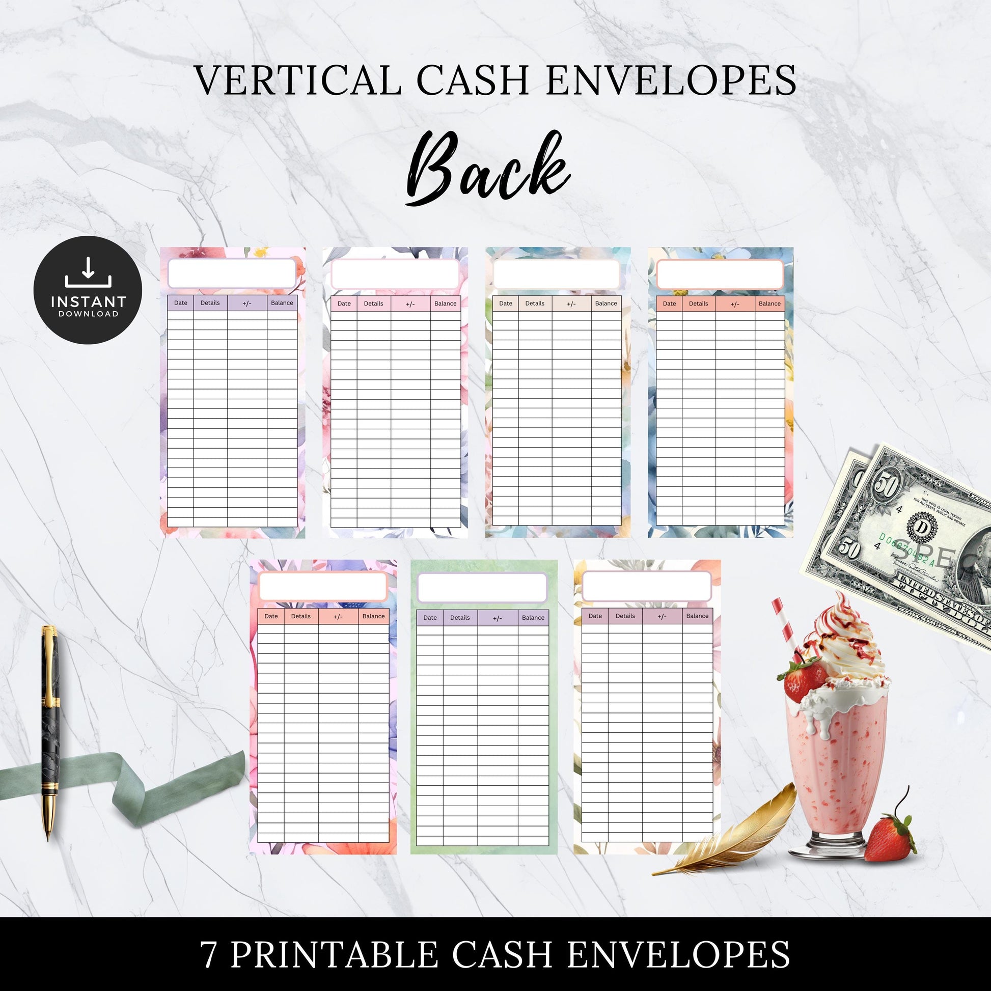 Floral Watercolor Cash Envelopes, Budgeting, Money, Saving, Printable PDF, Tracker, Tracking, Expense, Organizer, Finance, vertical, tools
