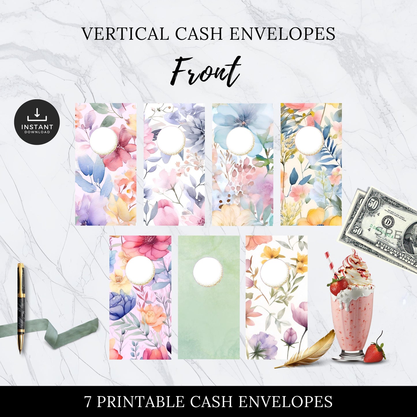 Floral Watercolor Cash Envelopes, Budgeting, Money, Saving, Printable PDF, Tracker, Tracking, Expense, Organizer, Finance, vertical, tools