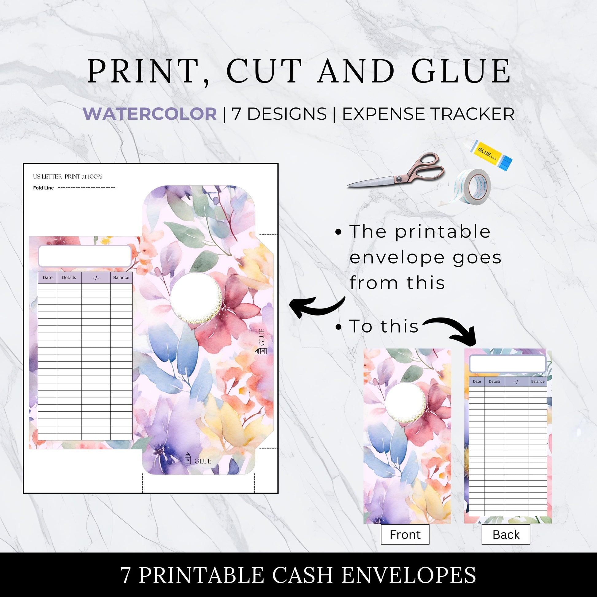 Floral Watercolor Cash Envelopes, Budgeting, Money, Saving, Printable PDF, Tracker, Tracking, Expense, Organizer, Finance, vertical, tools