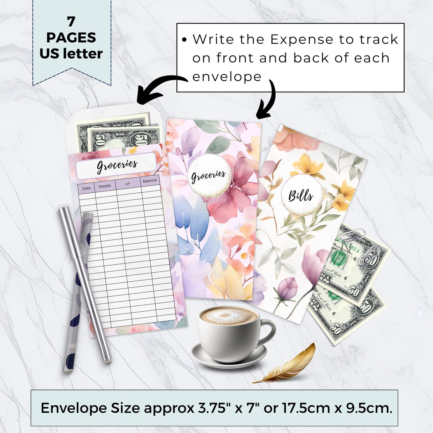Floral Watercolor Cash Envelopes, Budgeting, Money, Saving, Printable PDF, Tracker, Tracking, Expense, Organizer, Finance, vertical, tools