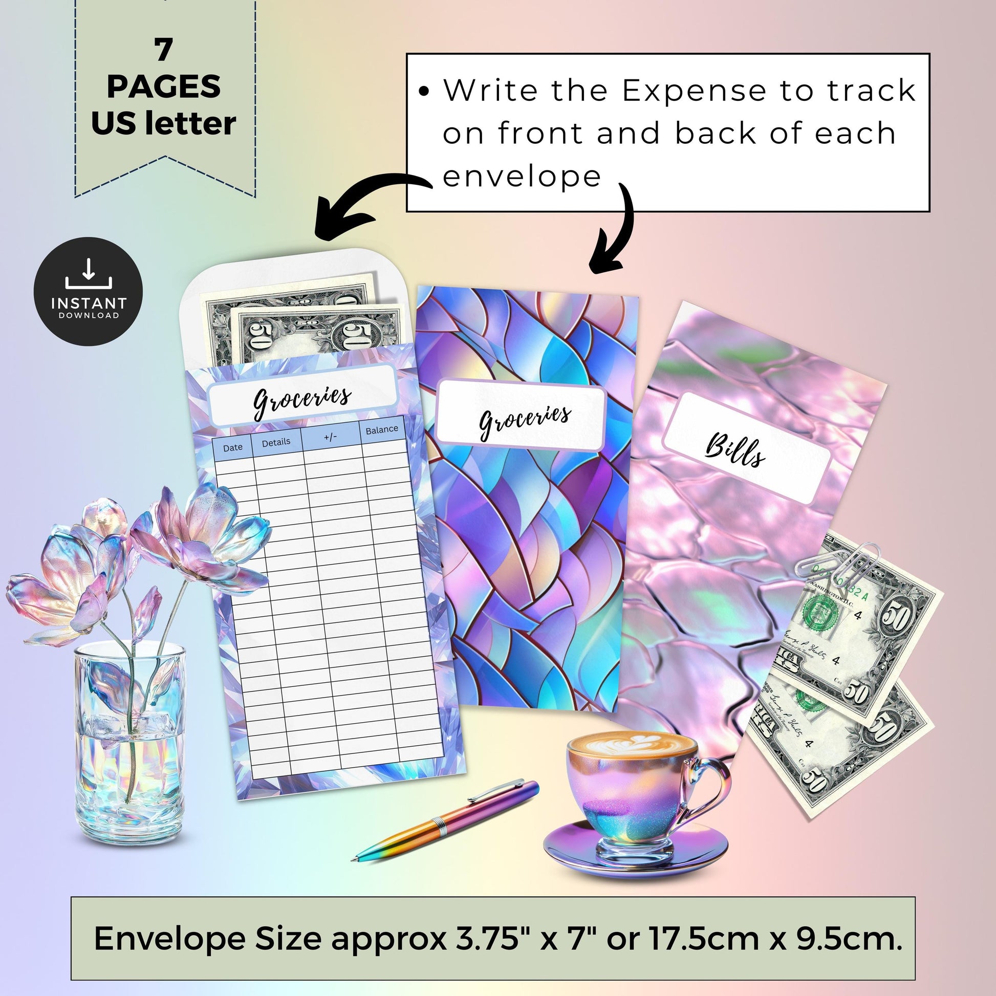 Iridescent Cash Envelopes, Budgeting, Money, Saving, Printable PDF, Tracker, Tracking, Expense, Organizer, Finance, tools, management, DIY
