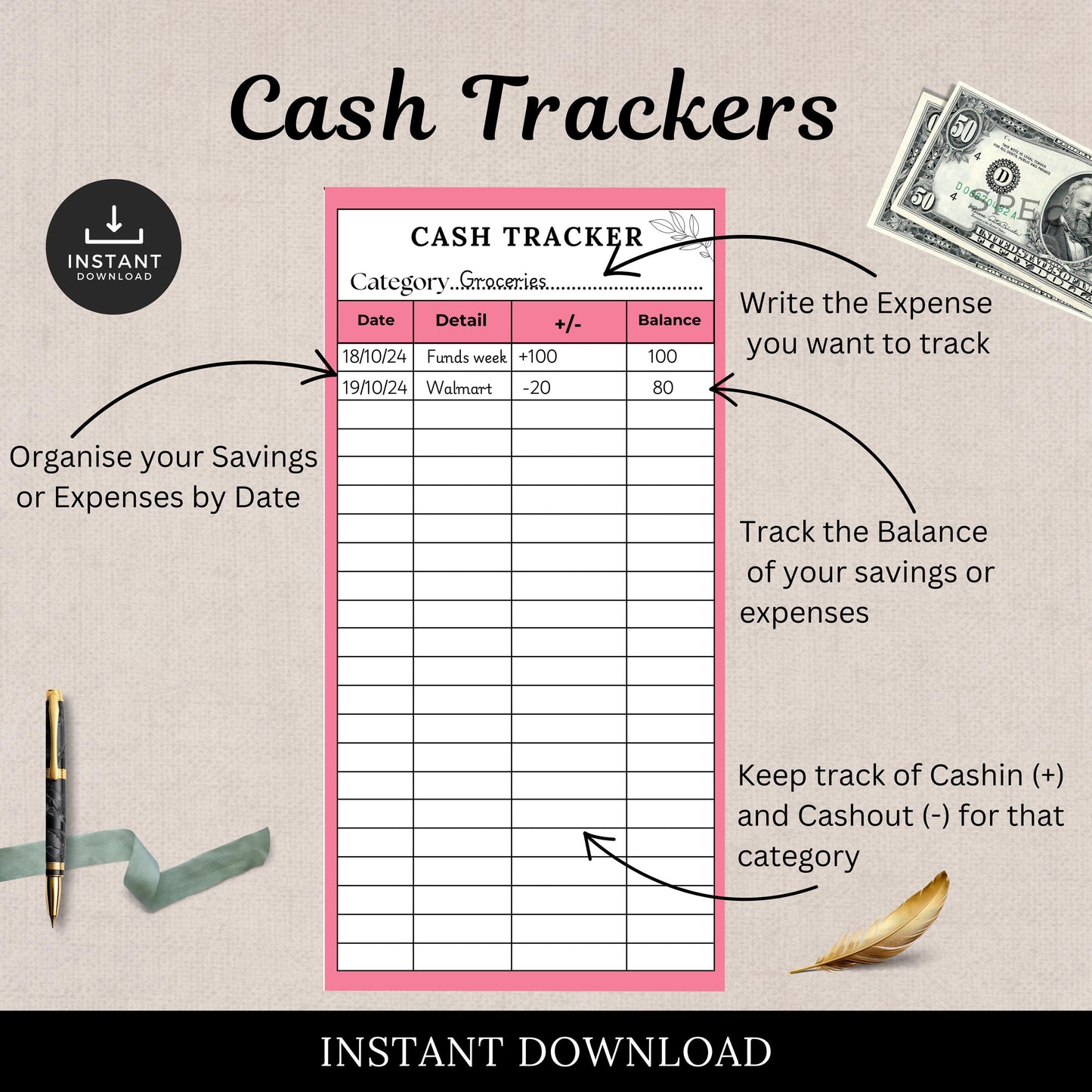 Cash Tracker, Budgeting, Money, Saving, Printable PDF, Colored Trackers, Tracking, Expense, Organizer, Finance, tools, management, DIY, Log