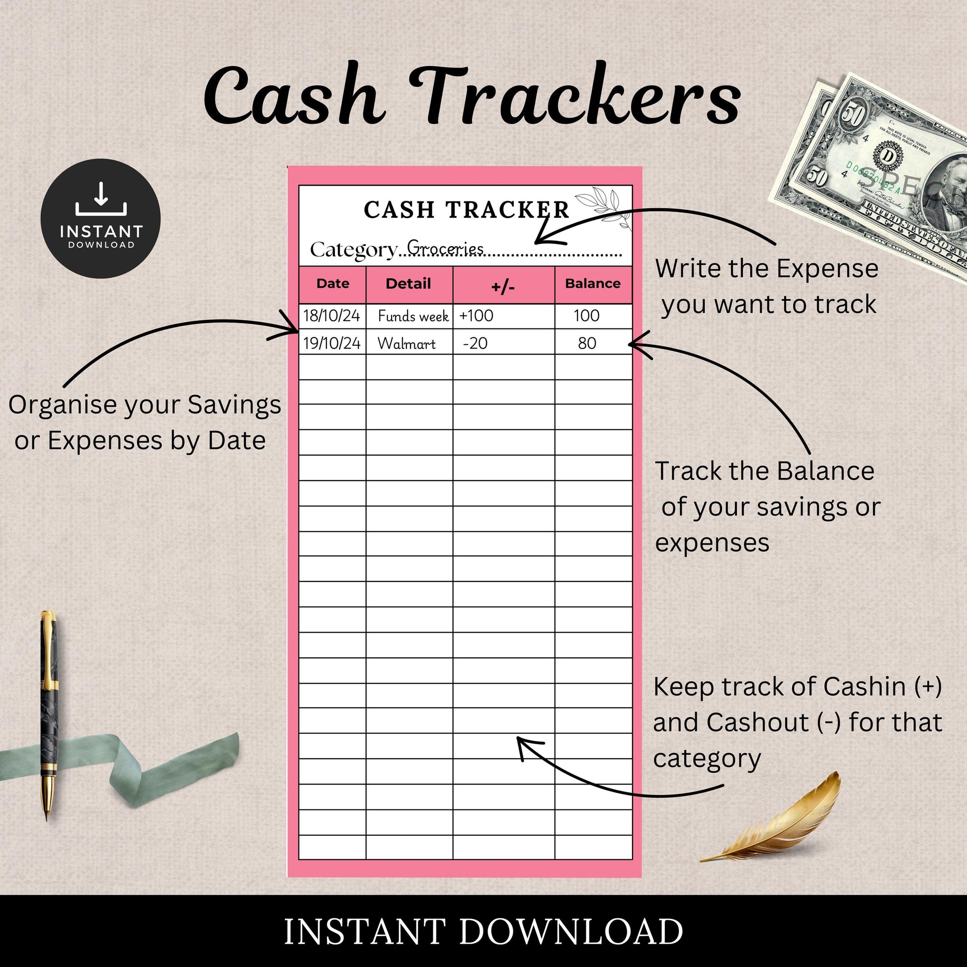 Cash Tracker, Budgeting, Money, Saving, Printable PDF, Colored Trackers, Tracking, Expense, Organizer, Finance, tools, management, DIY, Log