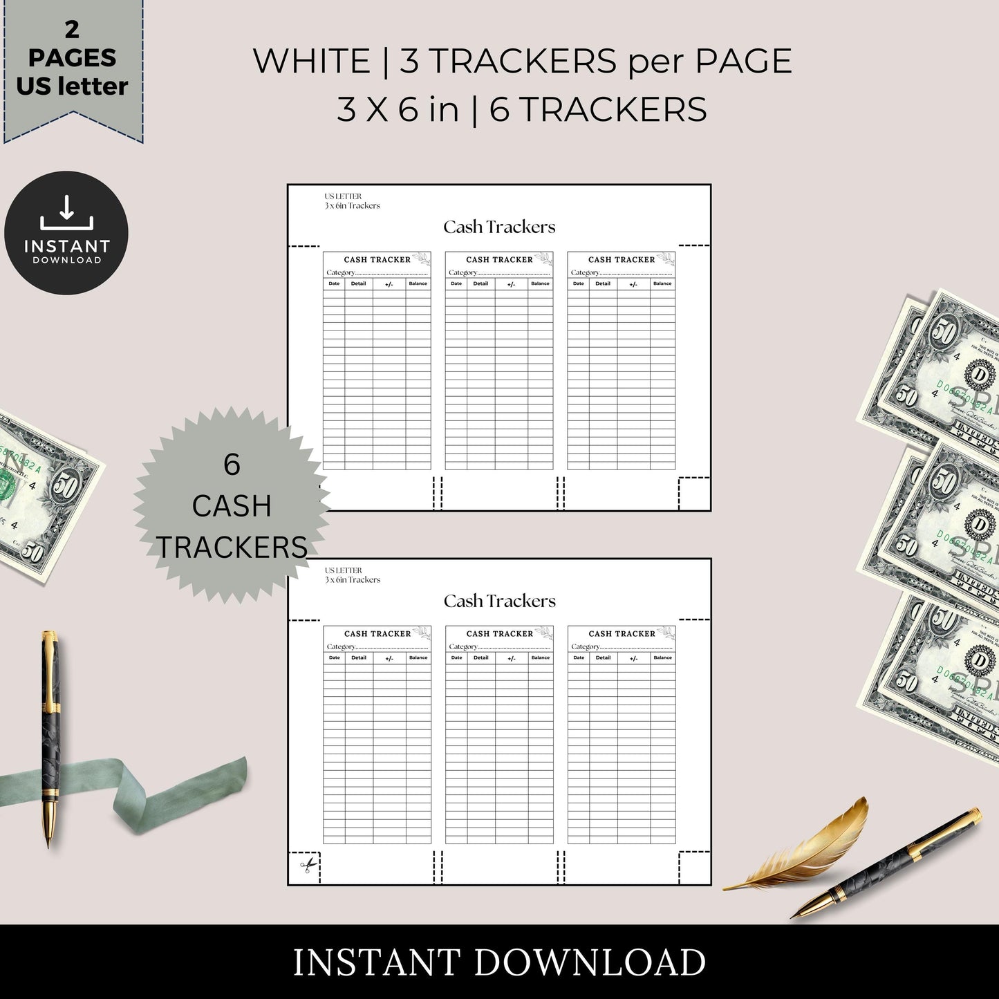 Cash Tracker, Budgeting, Money, Saving, Printable PDF, White Trackers, Tracking, Expense, Organizer, Finance, tools, management, DIY, Log