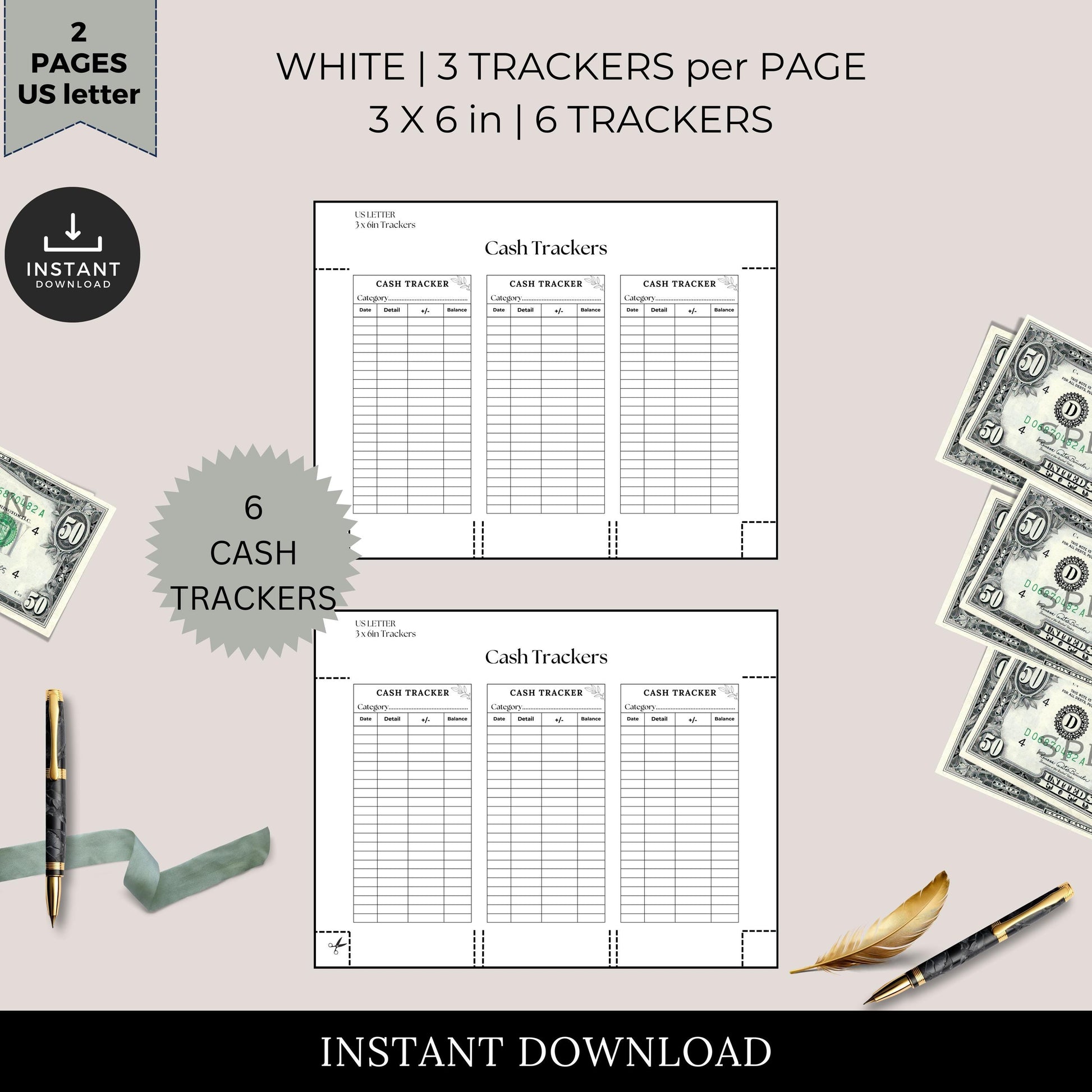 Cash Tracker, Budgeting, Money, Saving, Printable PDF, White Trackers, Tracking, Expense, Organizer, Finance, tools, management, DIY, Log