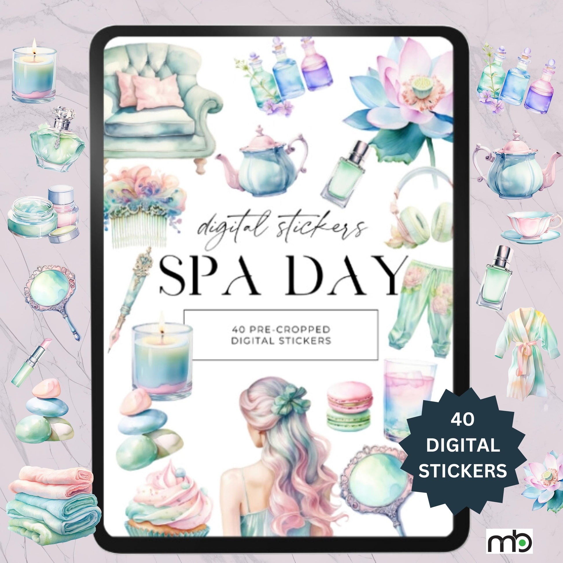 Spa Day Digital Stickers, Relaxation, Beauty, Health, Self care, png, Planner, Elements, Massage, Herbal tea, Candles, Bathrobe, Scrapbook