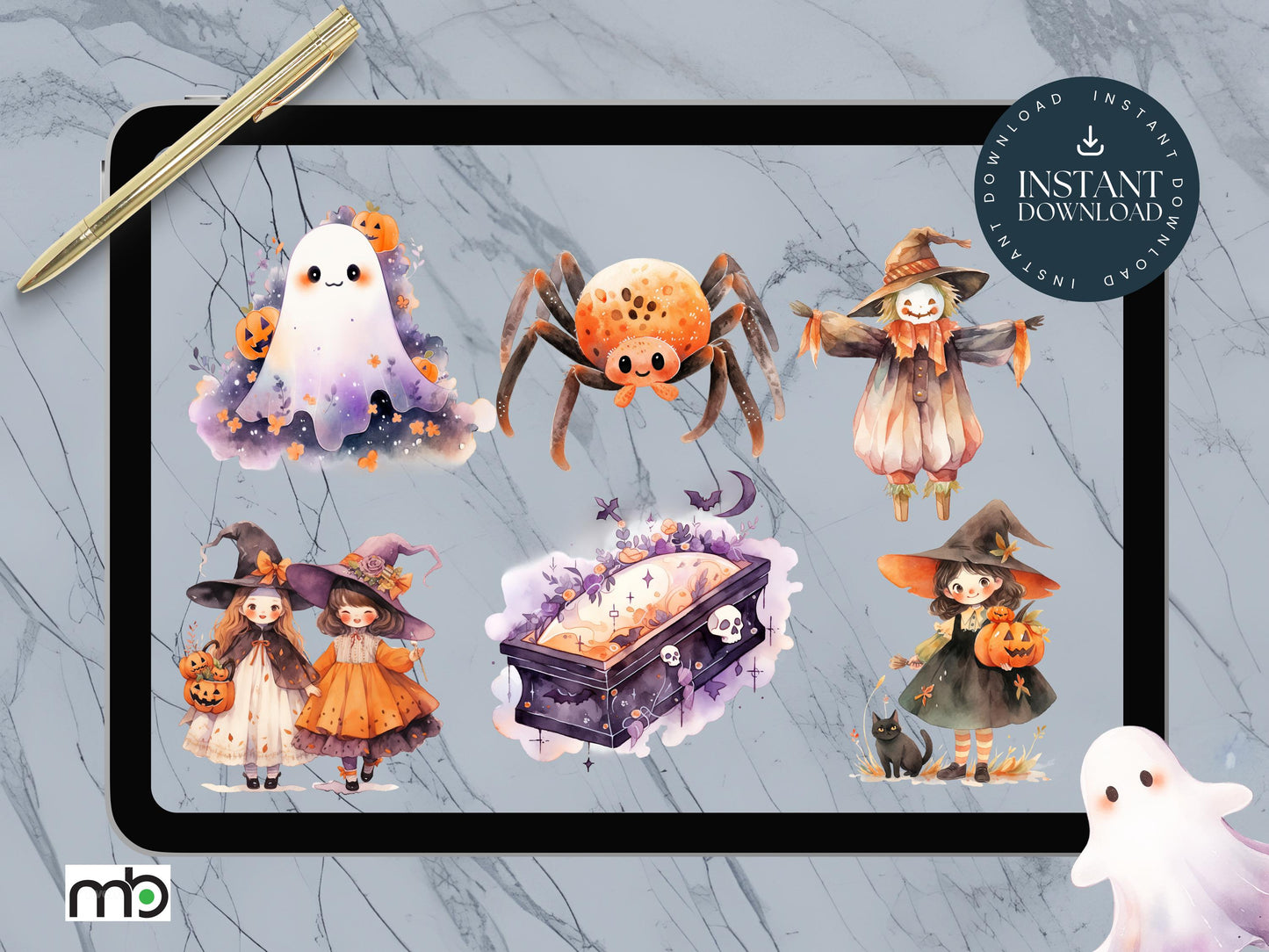 Halloween Digital Stickers Trick or Treat Pumpkin Spooky Ghost Graveyard Coffin Witch Hat Broom Haunted House Bats Gothic Black Cat Spider
