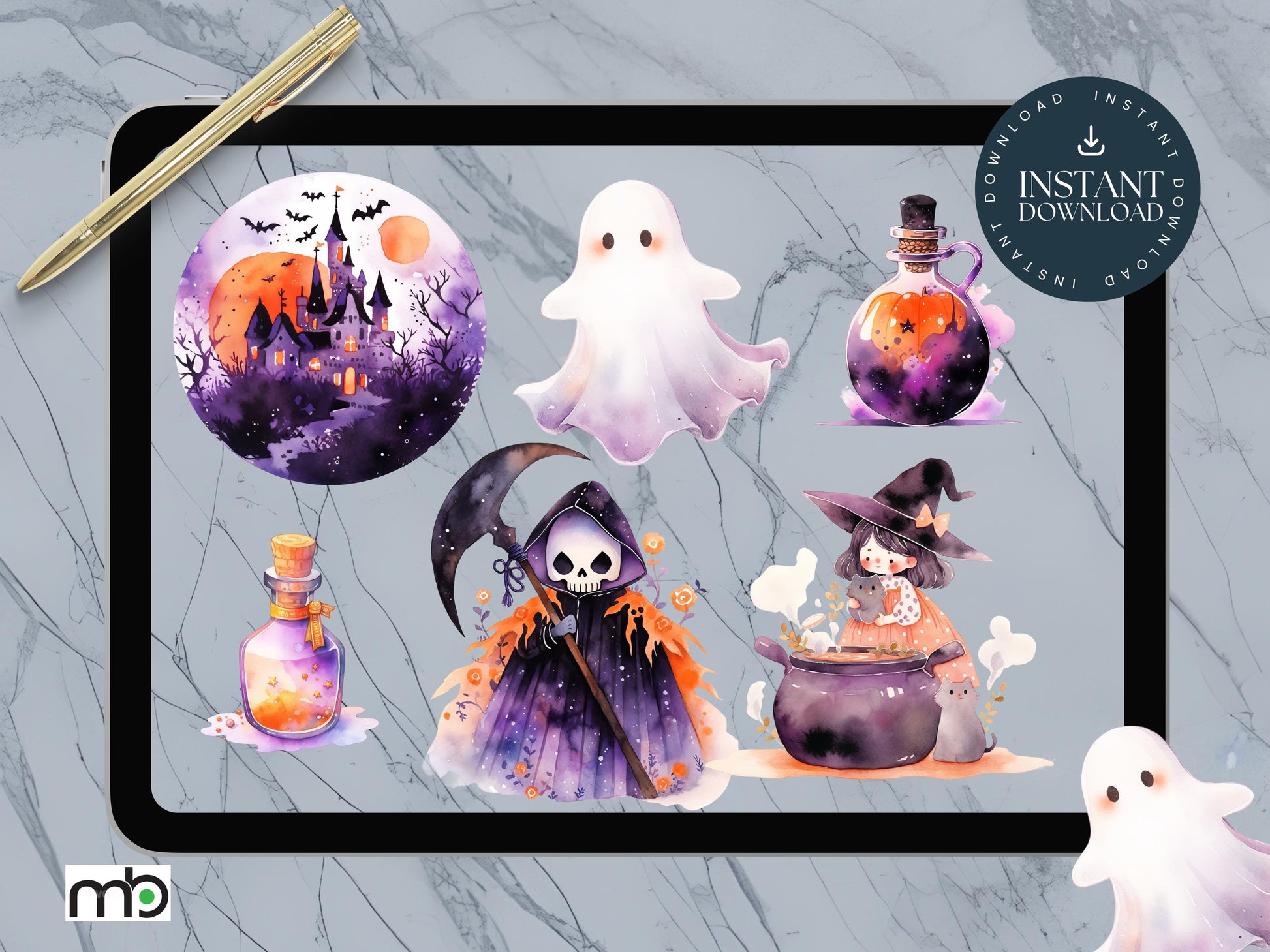 Halloween Digital Stickers Trick or Treat Pumpkin Spooky Ghost Graveyard Coffin Witch Hat Broom Haunted House Bats Gothic Black Cat Spider