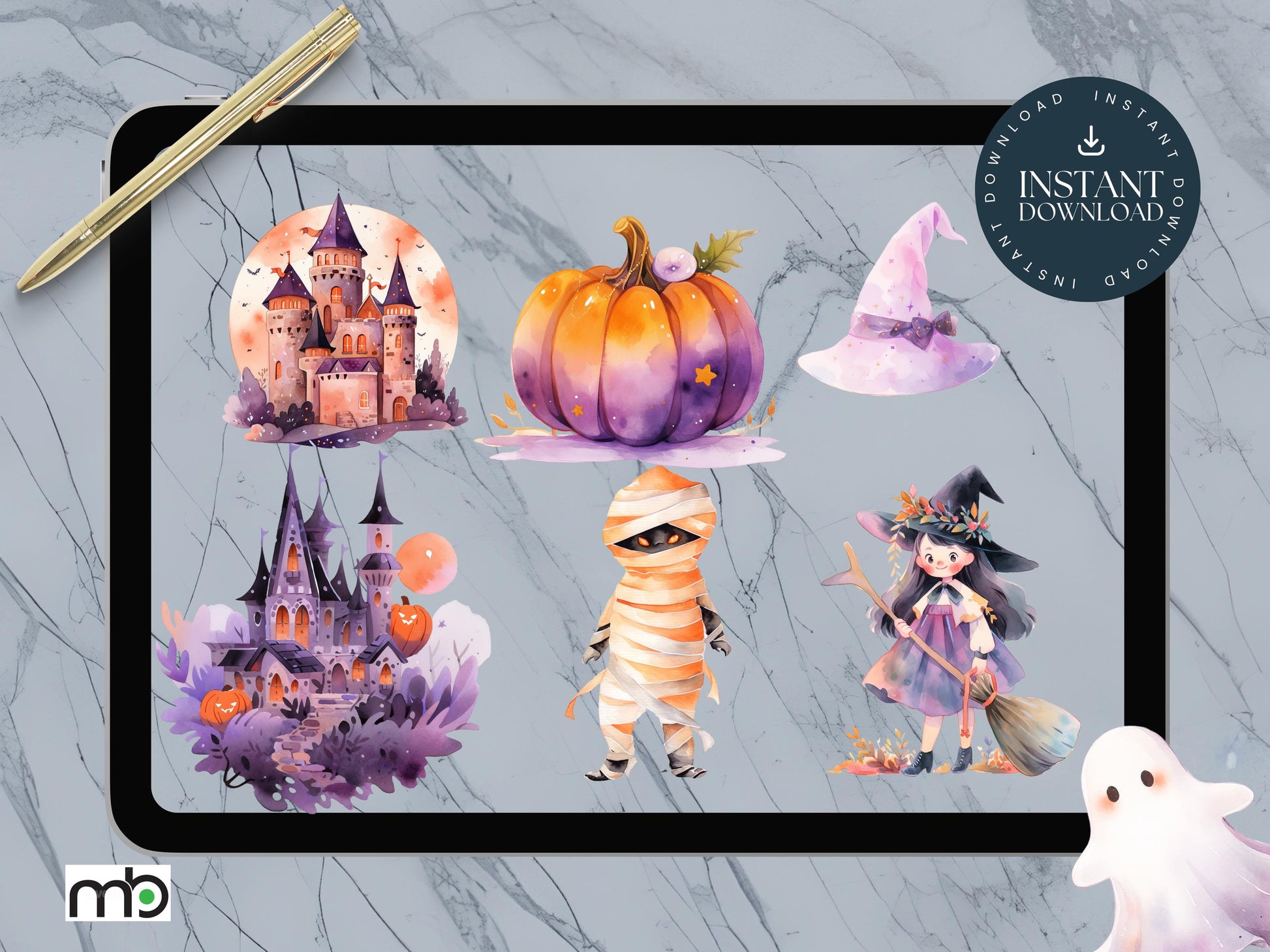 Halloween Digital Stickers Trick or Treat Pumpkin Spooky Ghost Graveyard Coffin Witch Hat Broom Haunted House Bats Gothic Black Cat Spider