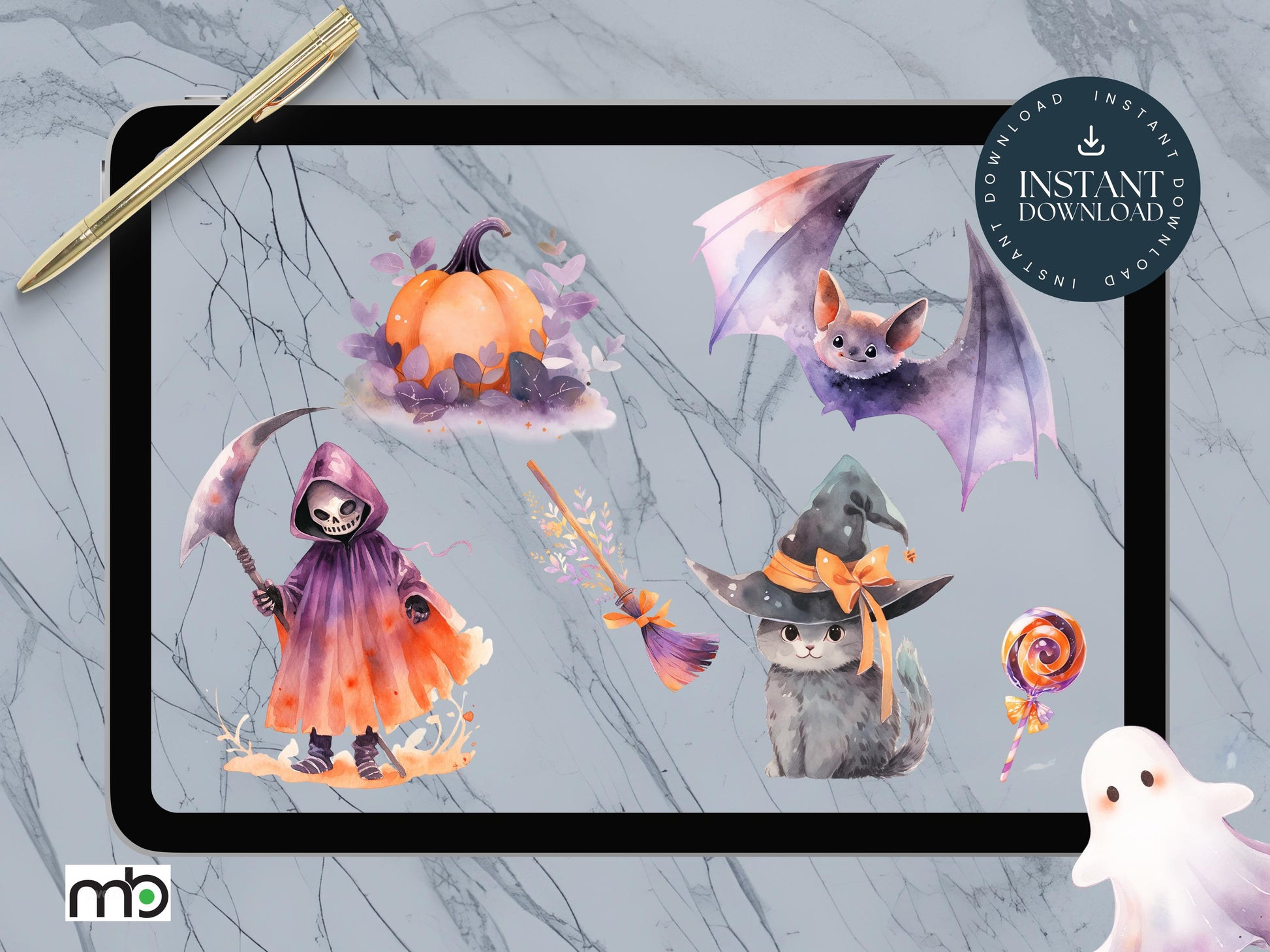 Halloween Digital Stickers Trick or Treat Pumpkin Spooky Ghost Graveyard Coffin Witch Hat Broom Haunted House Bats Gothic Black Cat Spider