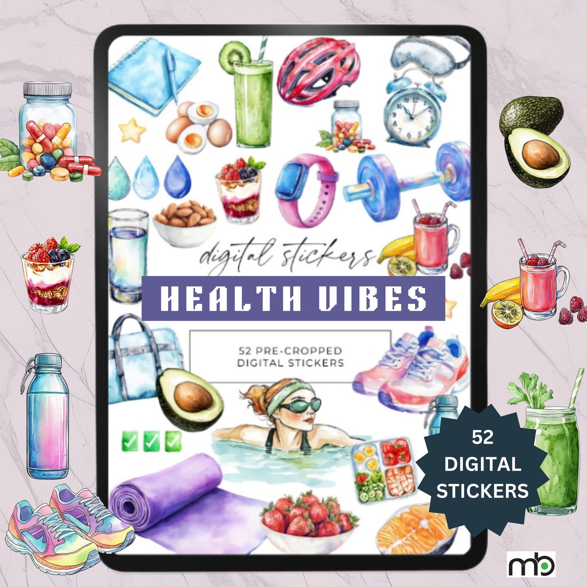 Health Vibes Digital Stickers, Wellness, Fitness, Nutrition, sticker theme, Smoothies, Yoga, Gym, Avocado, Supplements, Self-care, Nurture