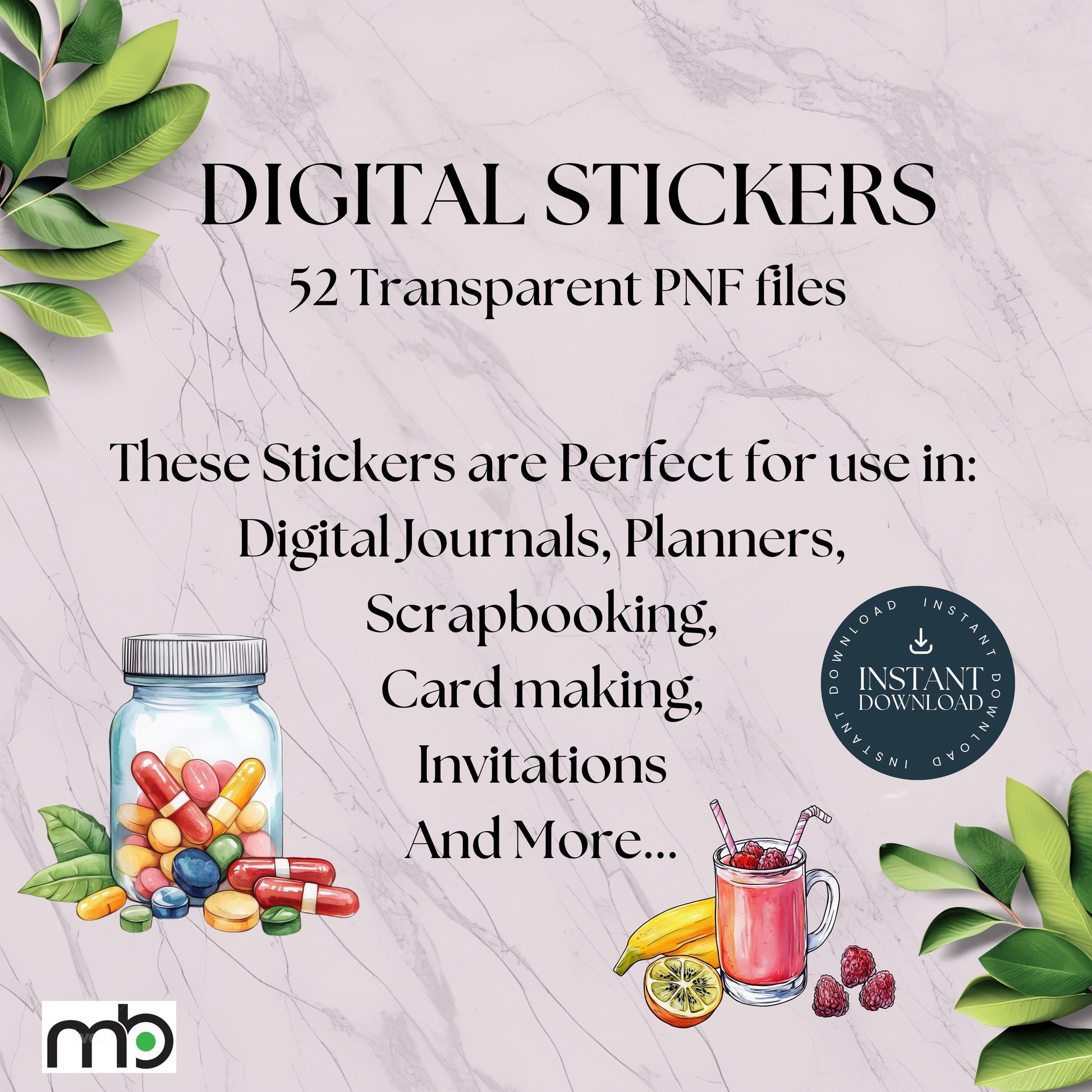 Health Vibes Digital Stickers, Wellness, Fitness, Nutrition, sticker theme, Smoothies, Yoga, Gym, Avocado, Supplements, Self-care, Nurture