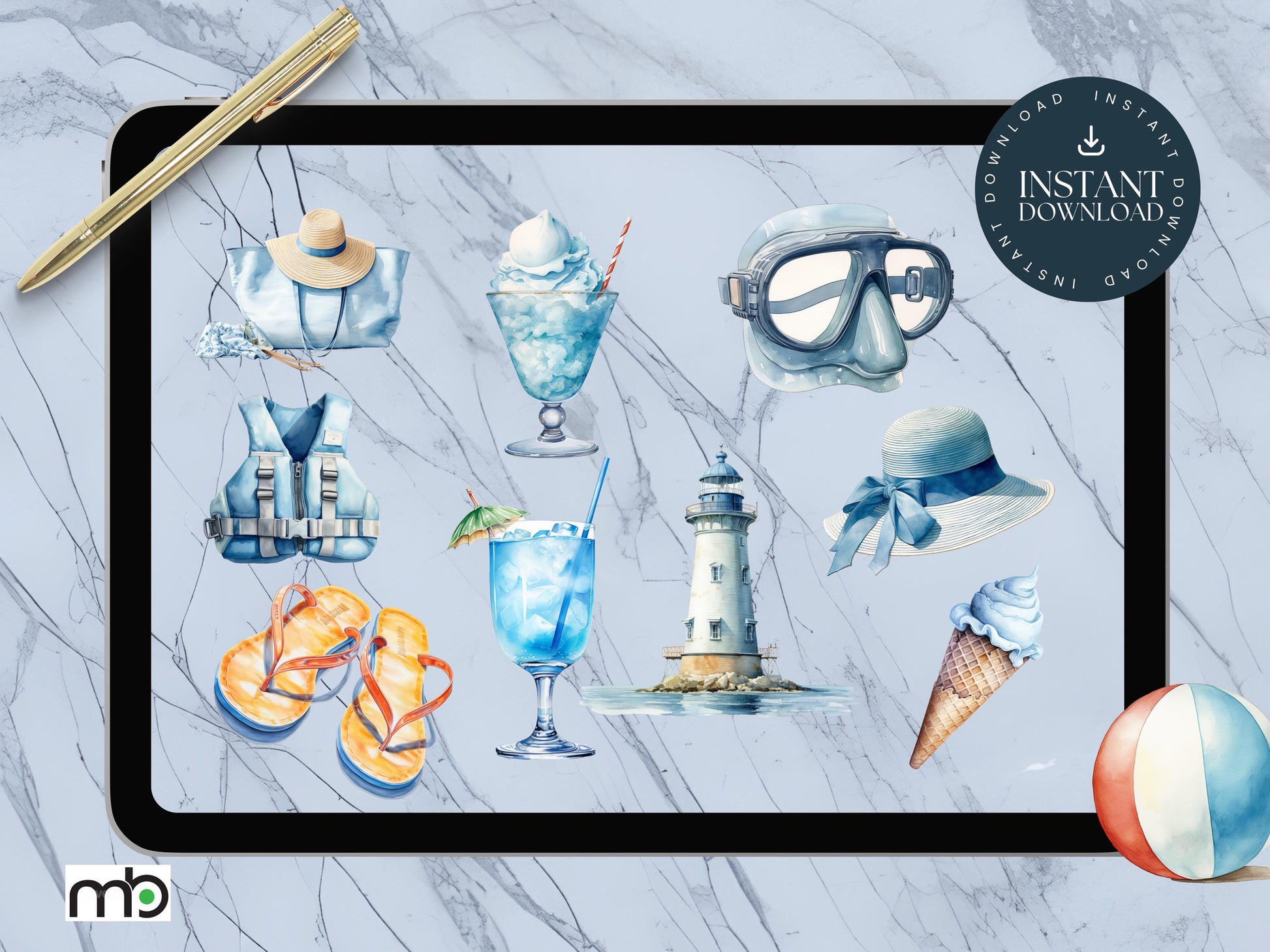 Beach Digital Stickers, Coastal Digital Stickers, Sun, Sea and Surf Stickers, Summer Stickers, Holiday Stickers, Lighthouse, Beach Stickers