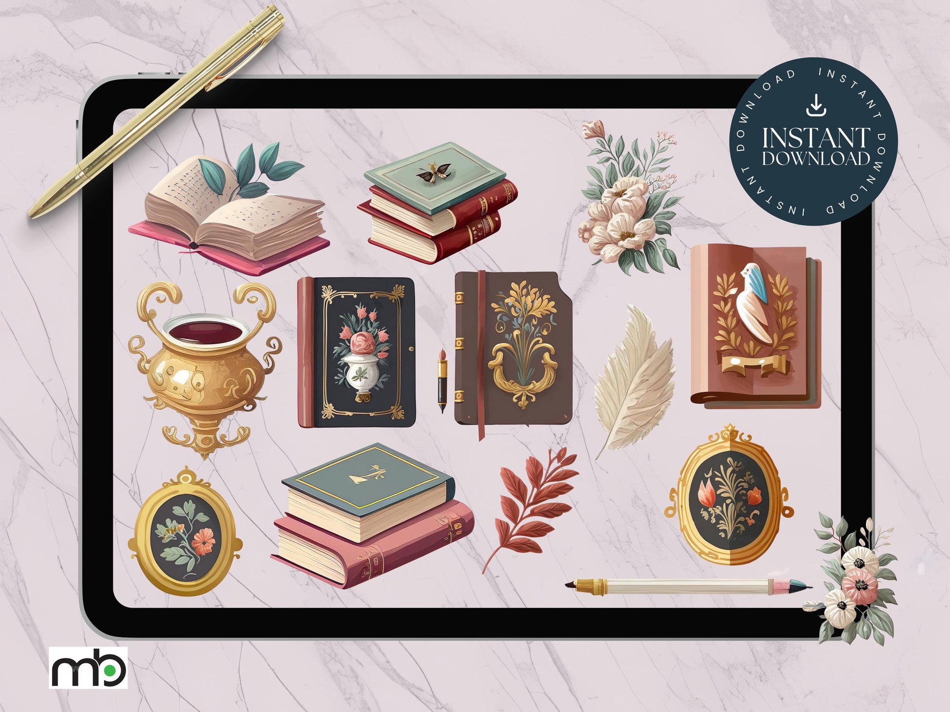 Baroque Library Digital Stickers, Baroque Themed Digital Stickers, Baroque Stickers, Baroque Gold Vase Stickers, Baroque themed books, Png