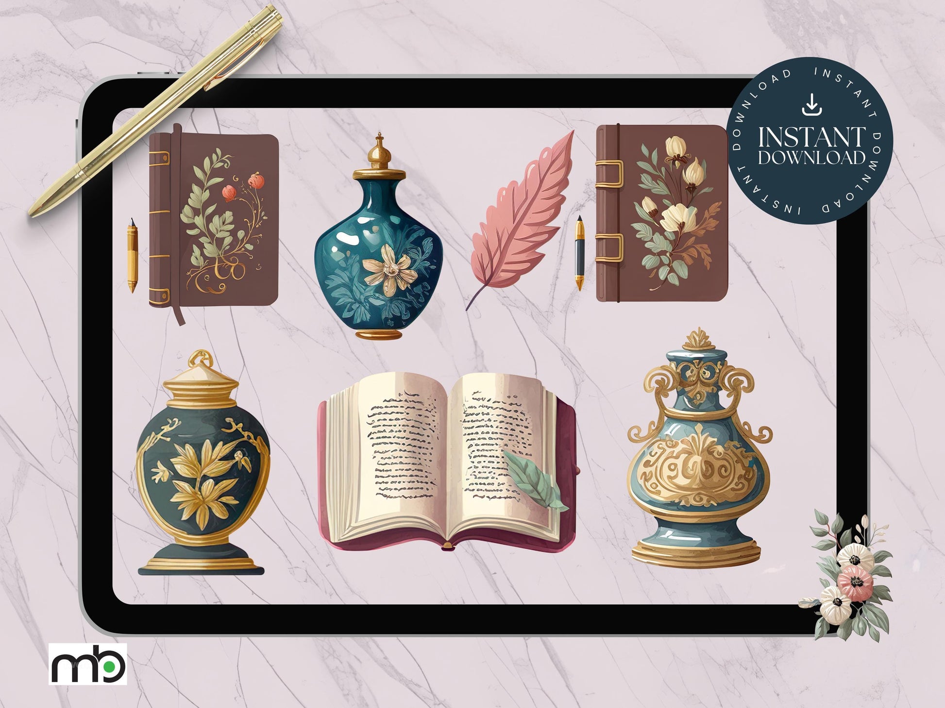 Baroque Library Digital Stickers, Baroque Themed Digital Stickers, Baroque Stickers, Baroque Gold Vase Stickers, Baroque themed books, Png