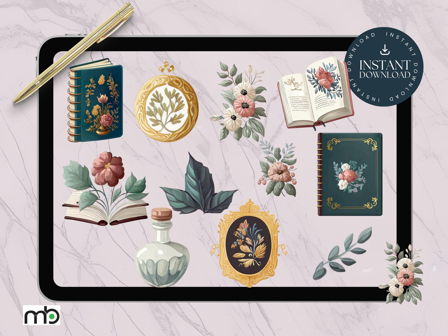 Baroque Library Digital Stickers, Baroque Themed Digital Stickers, Baroque Stickers, Baroque Gold Vase Stickers, Baroque themed books, Png