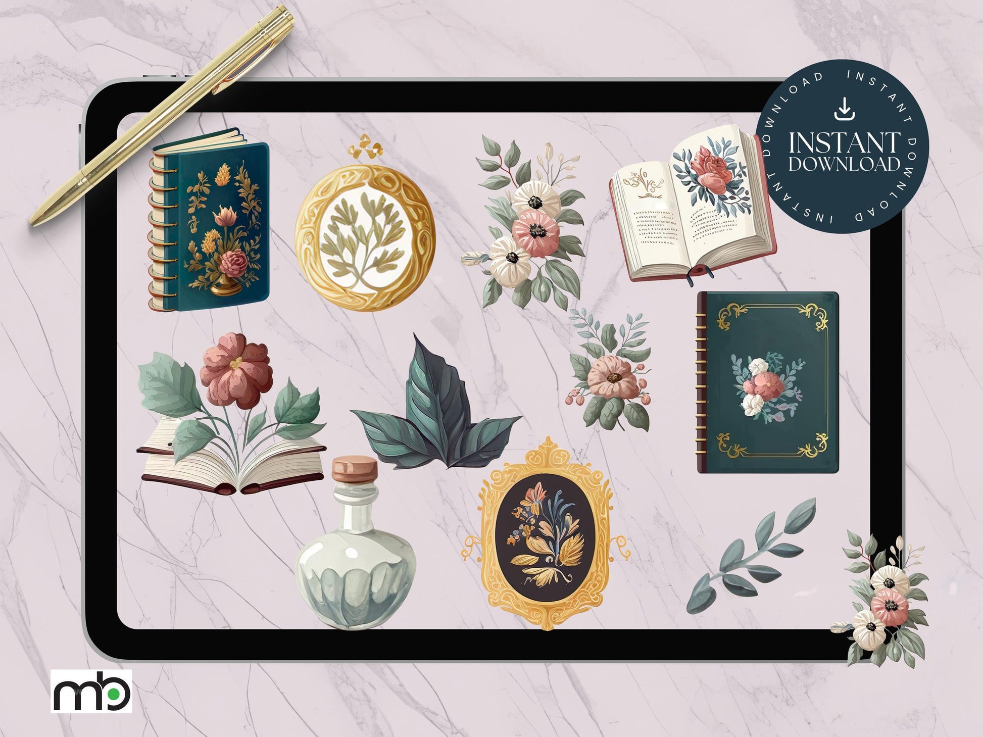 Baroque Library Digital Stickers, Baroque Themed Digital Stickers, Baroque Stickers, Baroque Gold Vase Stickers, Baroque themed books, Png
