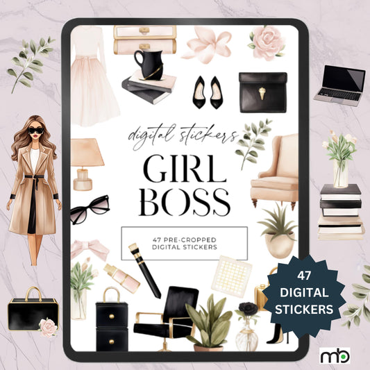 Girl Boss Digital Sticker Set, png file, career clipart, Boss Lady clipart, Planner, Journal, Goodnotes iPad tablet Stickers, notability png