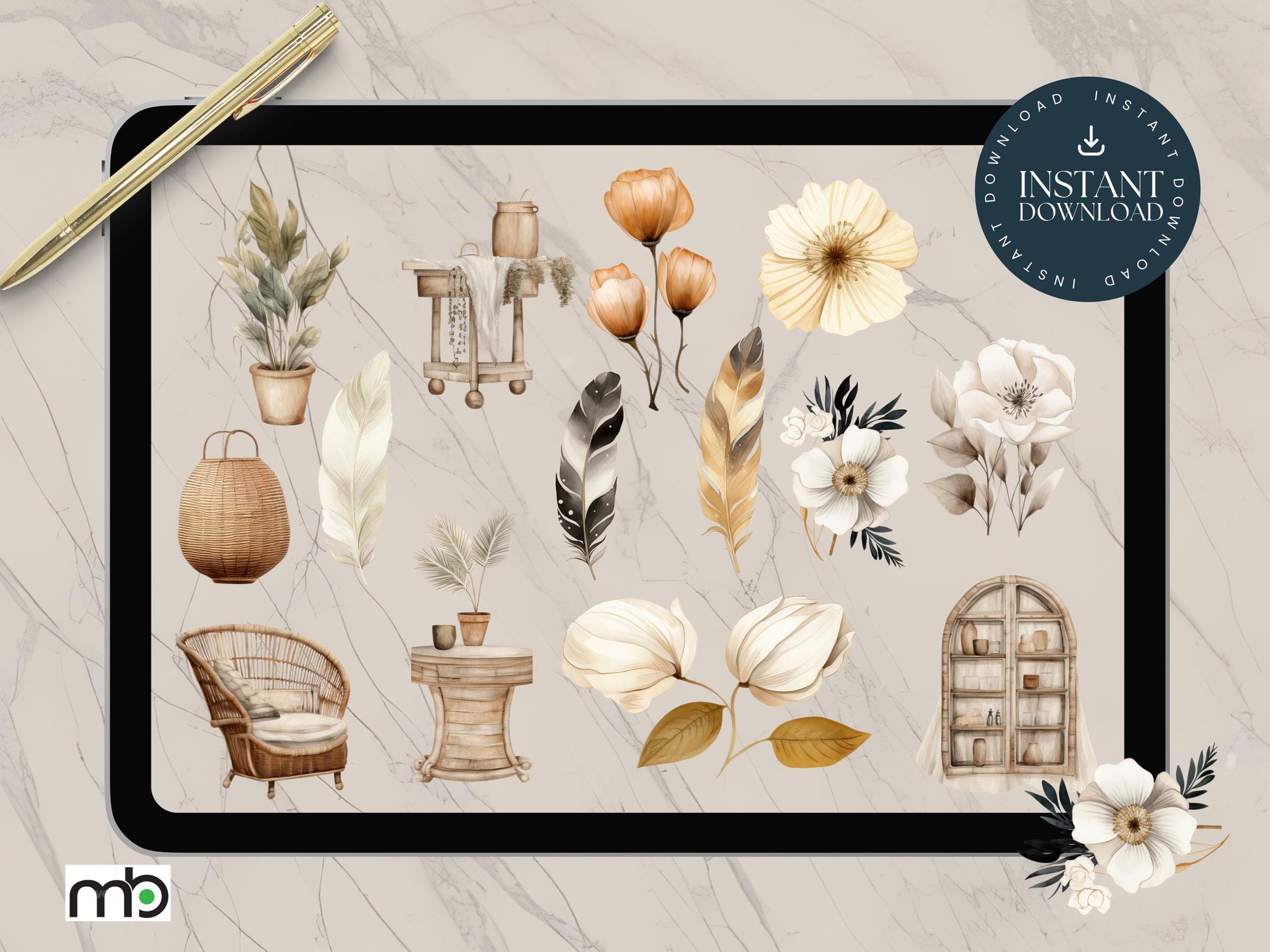Boho Vibes Digital Stickers, Feather Sticker, Dream catcher, boho clothes, lady, furniture. Goodnote, Notability, iPad, tablet, feathers