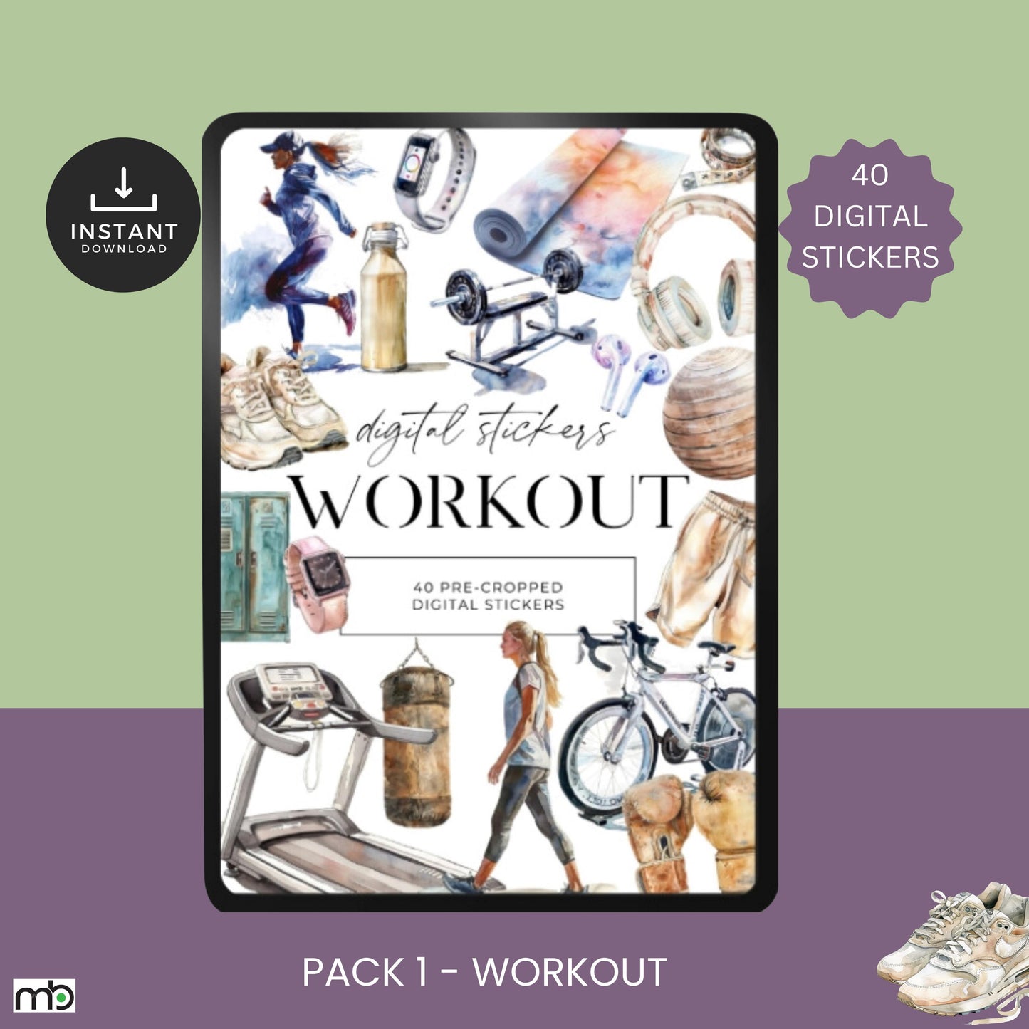 Wellness Trio digital stickers, workout, health vibes, spa day, fitness motivation, self-care, food, gym, yoga mat, water bottle, project