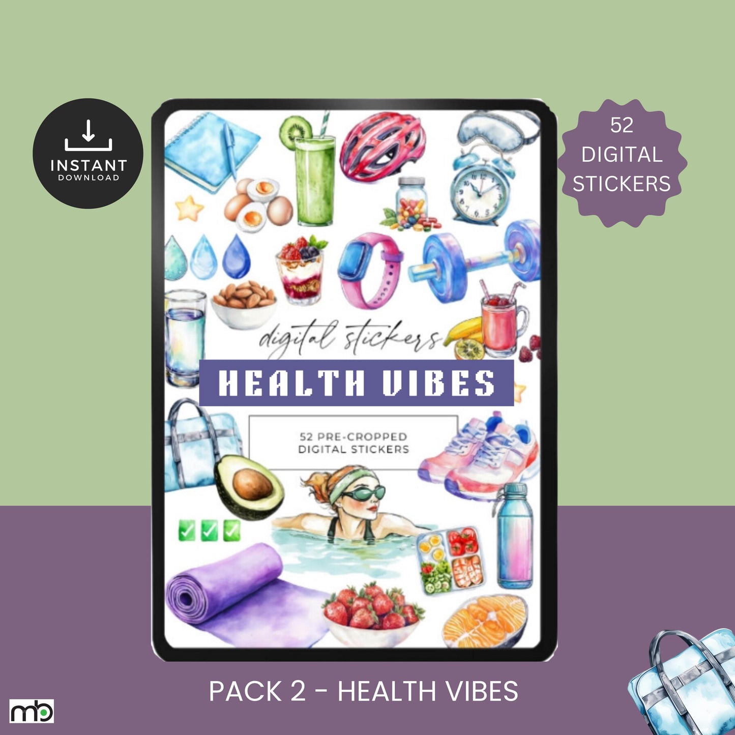 Wellness Trio digital stickers, workout, health vibes, spa day, fitness motivation, self-care, food, gym, yoga mat, water bottle, project