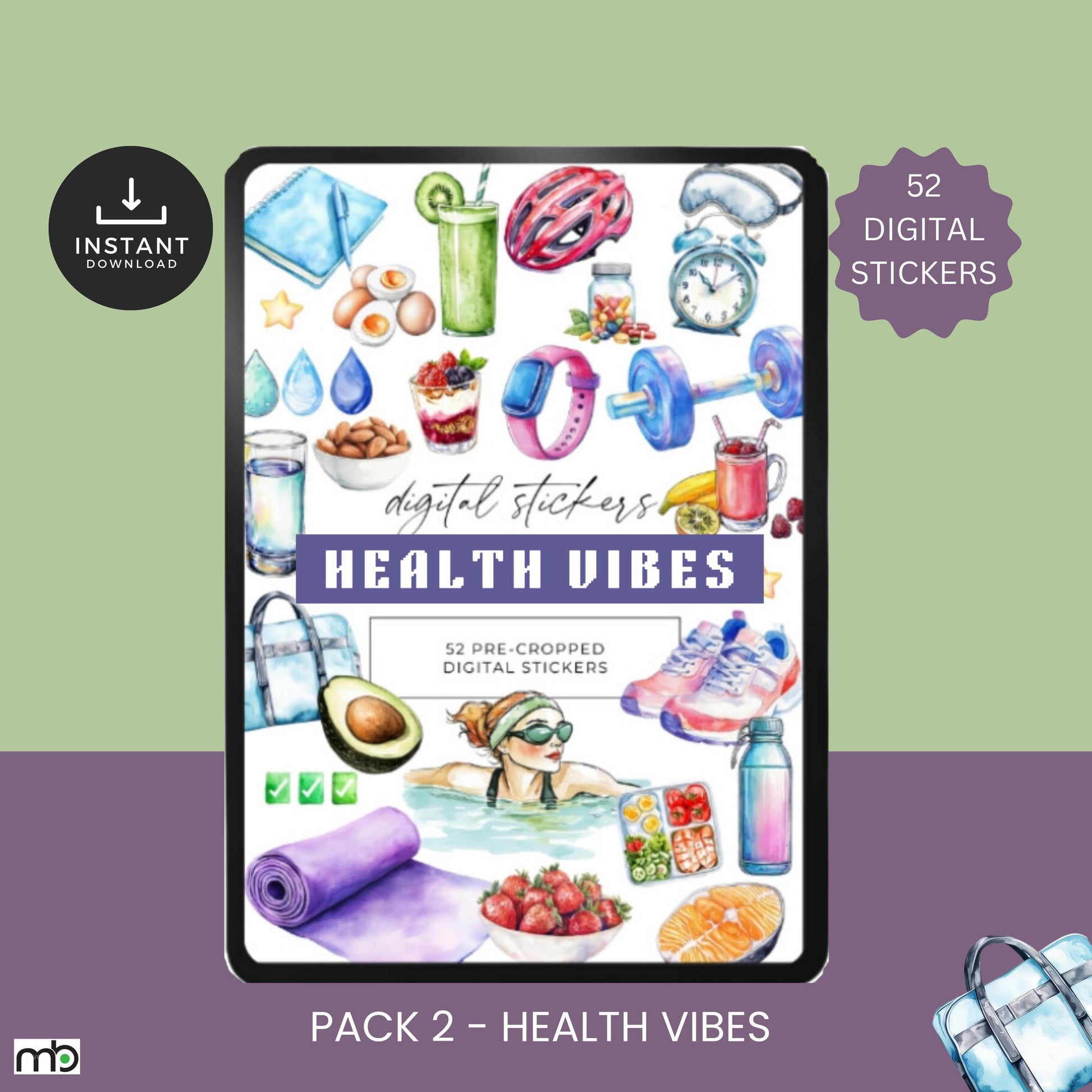 Wellness Trio digital stickers, workout, health vibes, spa day, fitness motivation, self-care, food, gym, yoga mat, water bottle, project