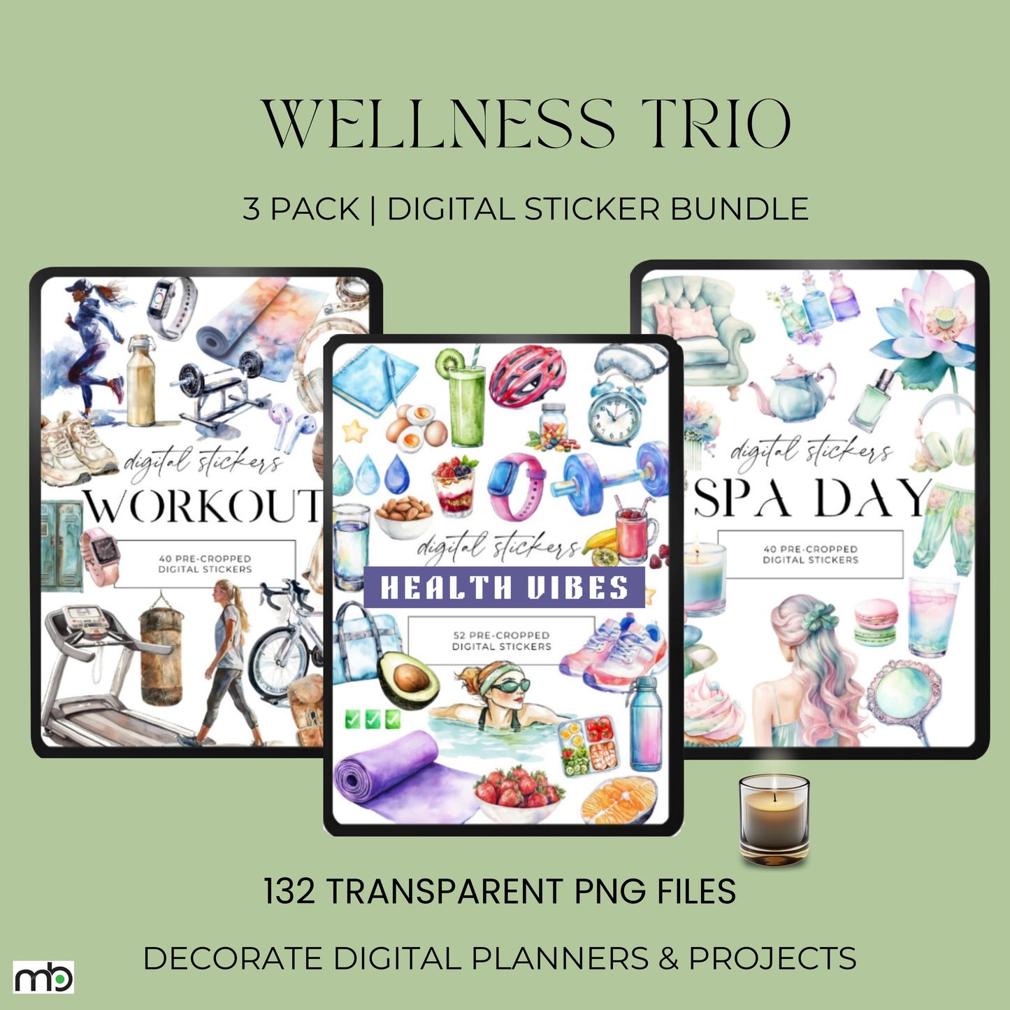Wellness Trio digital stickers, workout, health vibes, spa day, fitness motivation, self-care, food, gym, yoga mat, water bottle, project