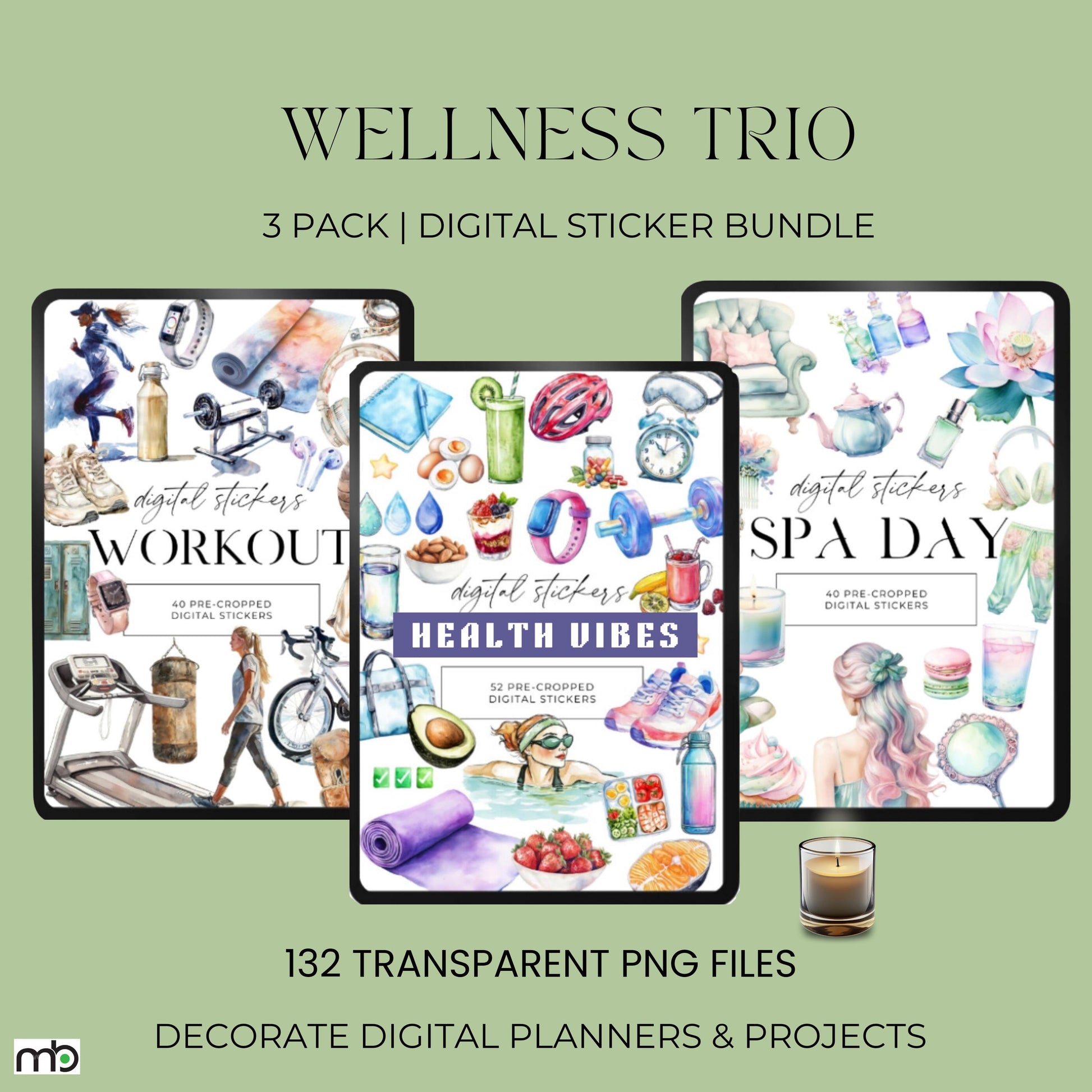 Wellness Trio digital stickers, workout, health vibes, spa day, fitness motivation, self-care, food, gym, yoga mat, water bottle, project